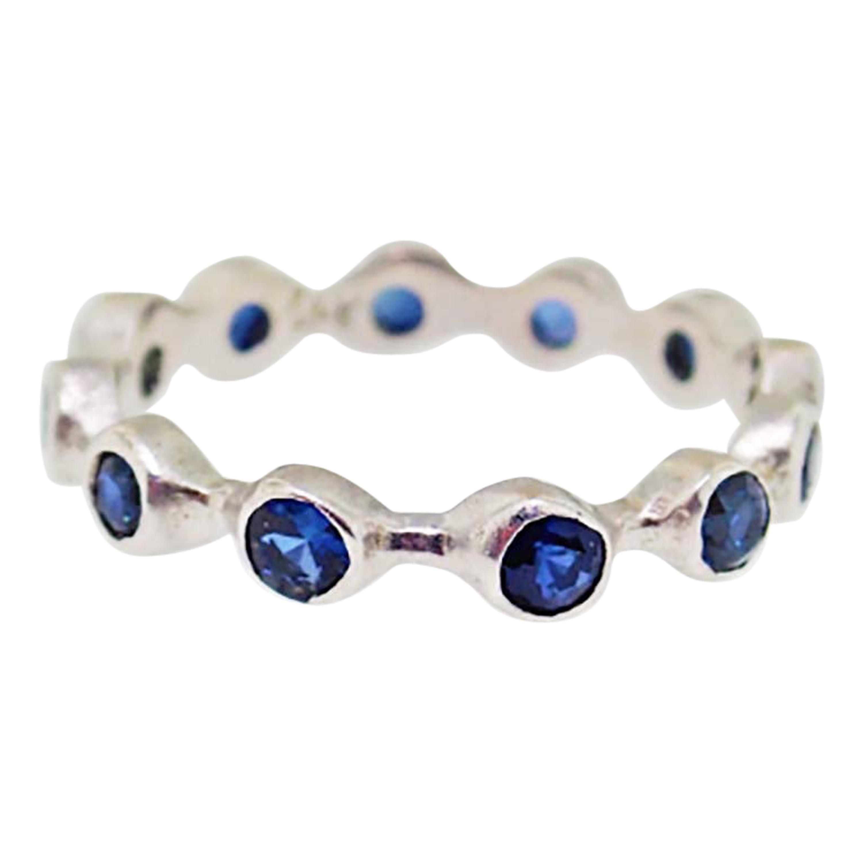 Blue Sapphire Bezel Band in 14K White Gold Handmade Bezel Ring with Sapphires