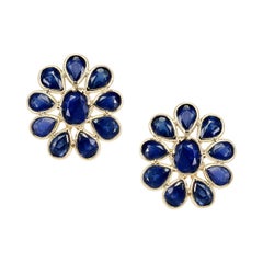 Blue Sapphire Bezel-Set Oval and Pear Shape Floral Earrings, 18 Karat Gold