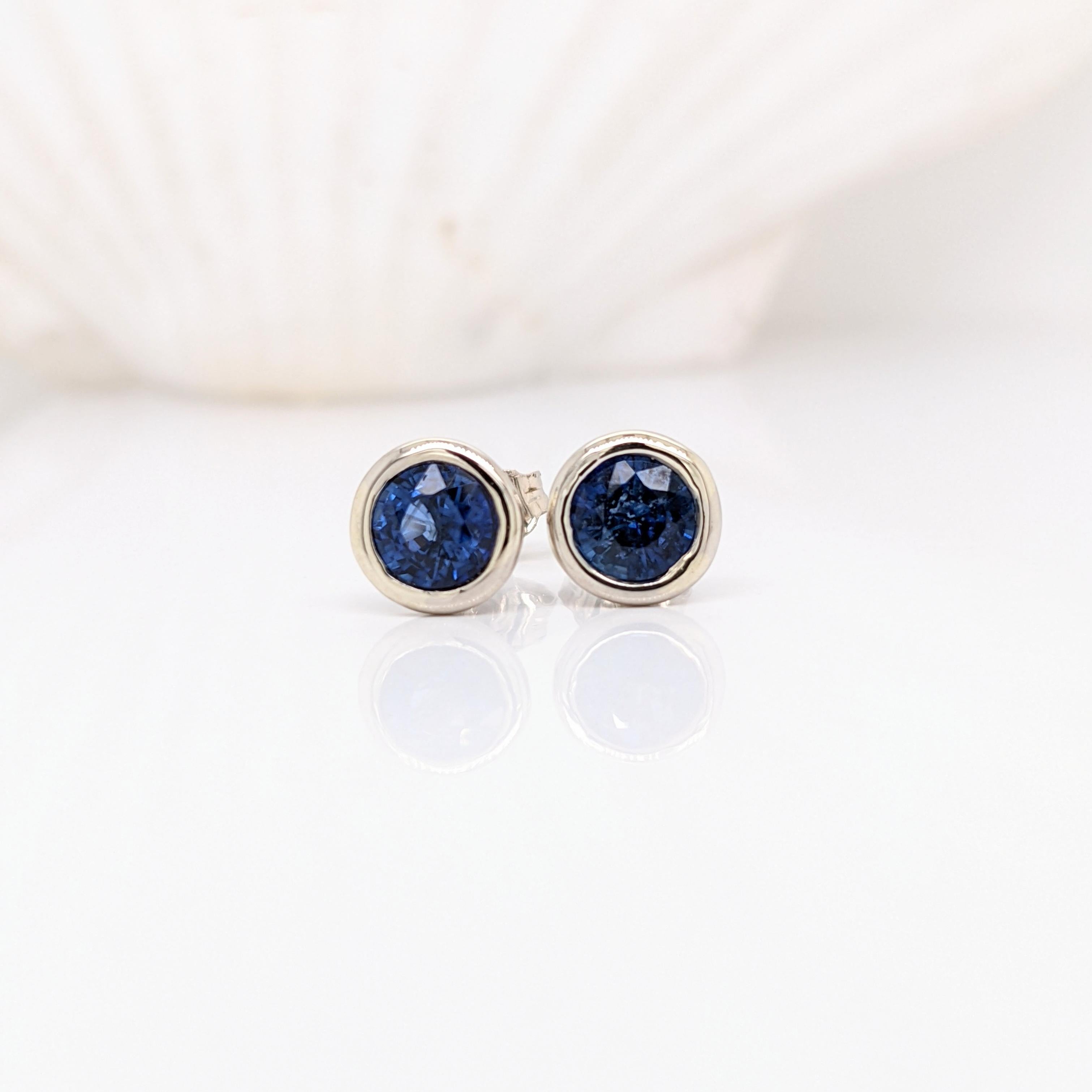 Modern Blue Sapphire Bezel Set Solitaire Stud Earrings in Solid 14K Gold Round 5mm For Sale