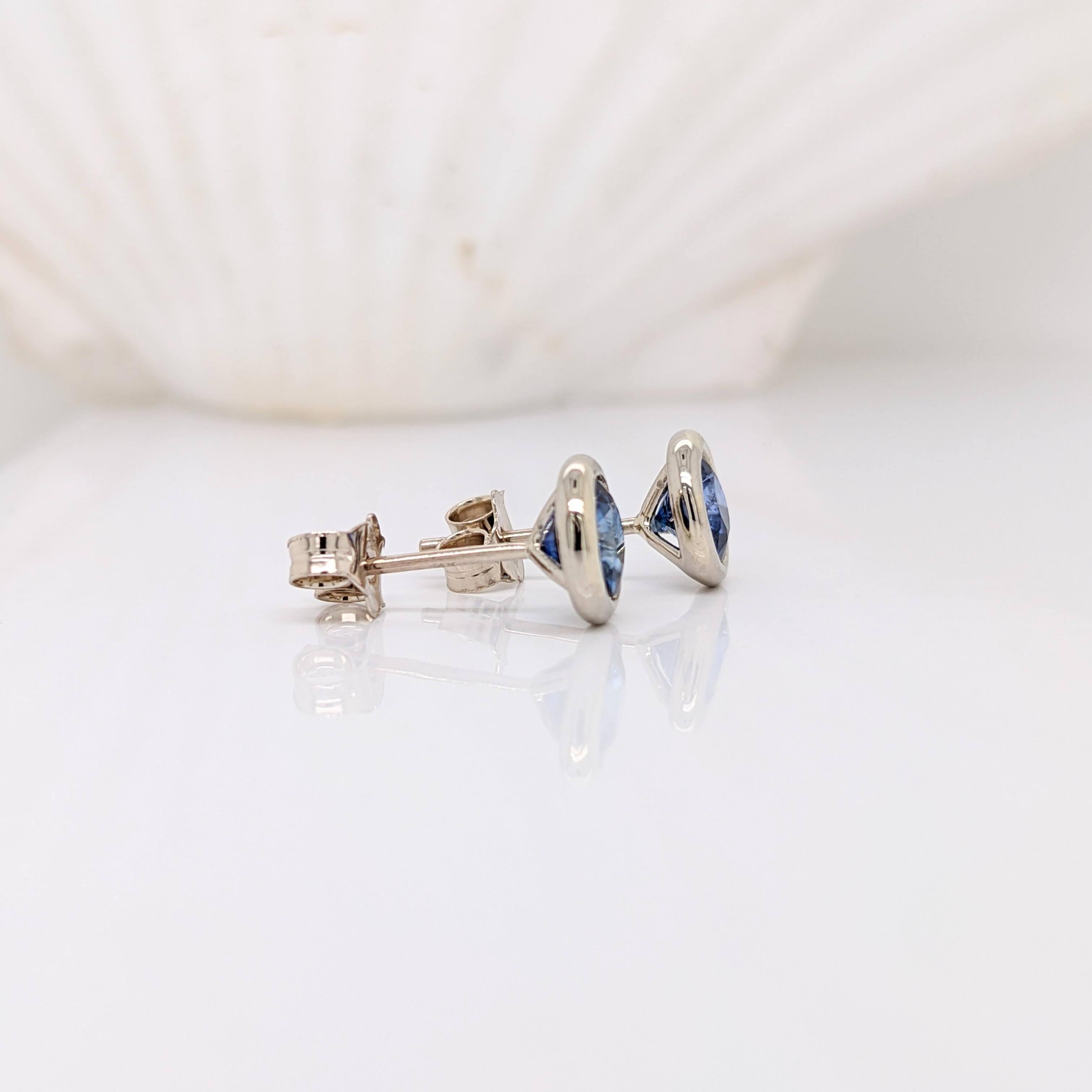 Round Cut Blue Sapphire Bezel Set Solitaire Stud Earrings in Solid 14K Gold Round 5mm For Sale