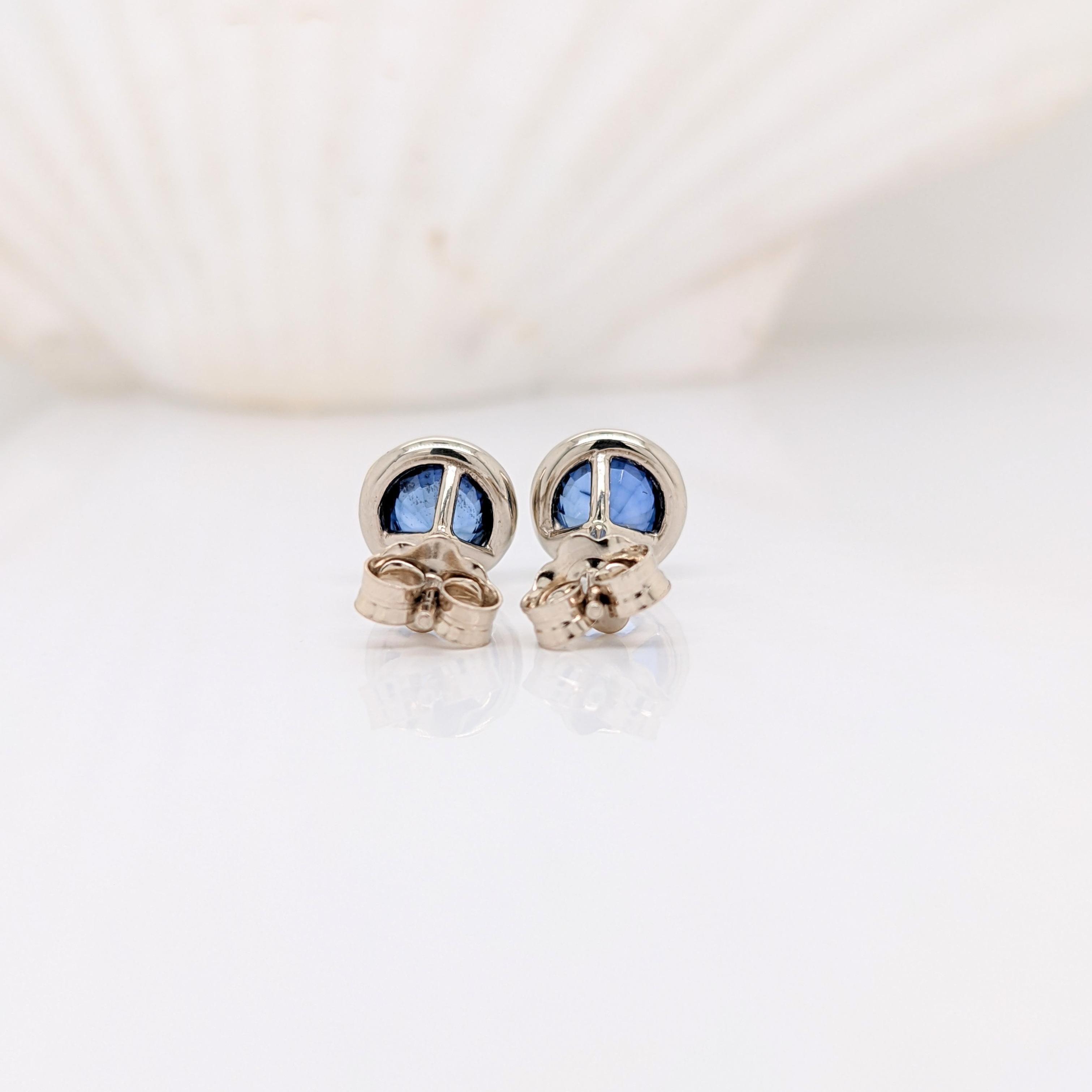 Blue Sapphire Bezel Set Solitaire Stud Earrings in Solid 14K Gold Round 5mm In New Condition For Sale In Columbus, OH