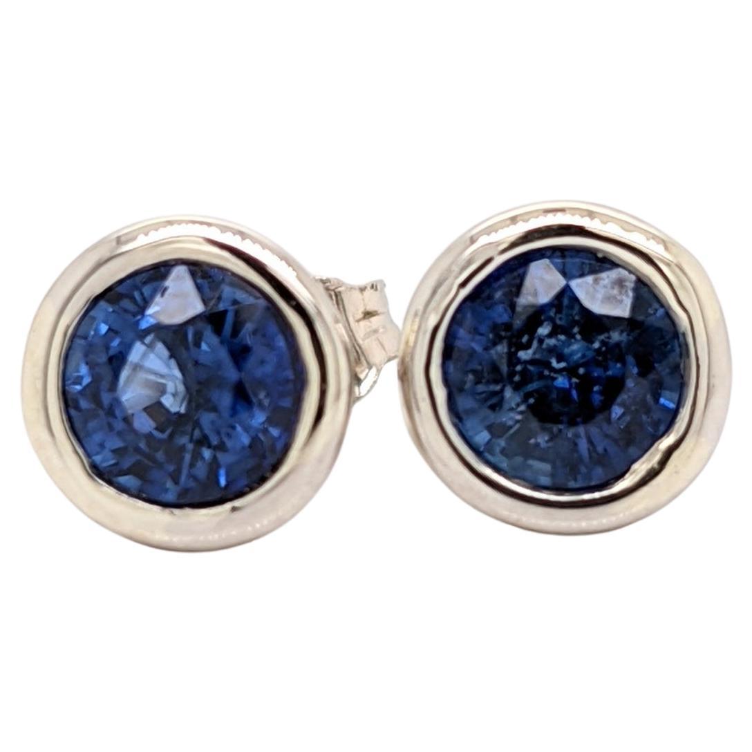 Blue Sapphire Bezel Set Solitaire Stud Earrings in Solid 14K Gold Round 5mm