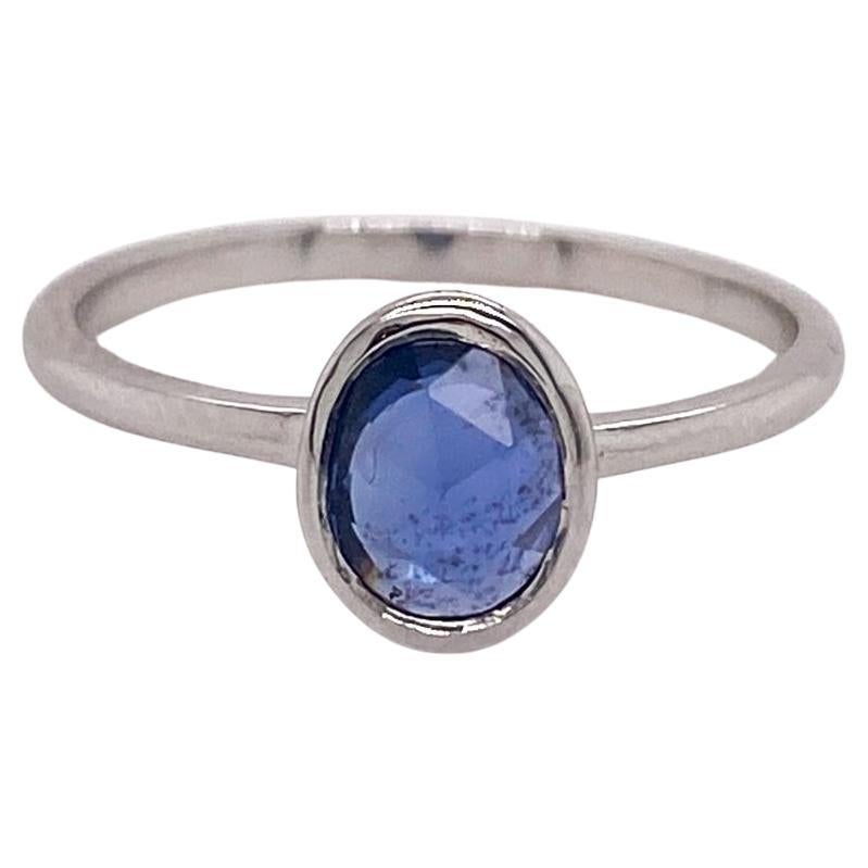 Blue Sapphire Bezel Solitaire Ring 0.82 Carats in 14k White Gold For Sale
