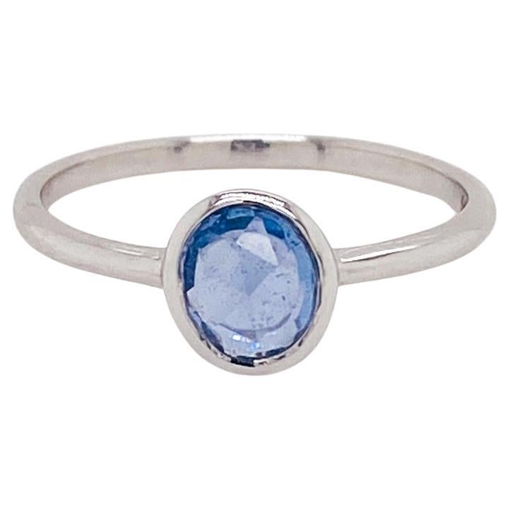 Blue Sapphire Bezel Solitaire Ring 0.87 Carats in 14k White Gold For Sale