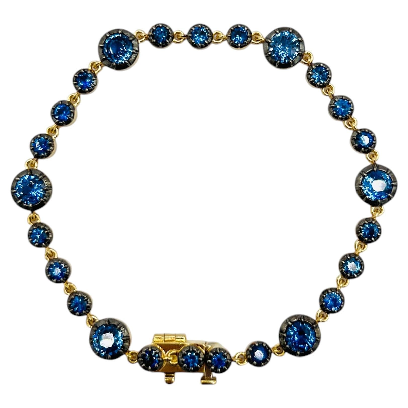Pulsera de cadena pequeña grande de zafiro azul en rodio negro y oro amarillo de 18 quilates