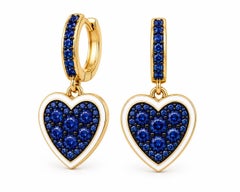 Blue Sapphire Birthstone Heart Earrings White Enamel 14K Gold by Meghna Jewels
