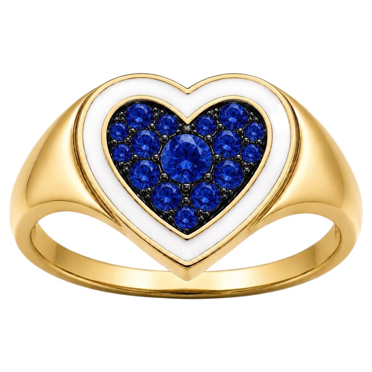 Blue sapphire Birthstone Heart Ring White Enamel 14K Gold by Meghna Jewels