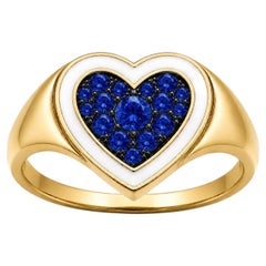 Herzring mit blauem Saphir (Geburtsstein) und weißer Emaille aus 14-karätigem Gold von Meghna Jewels