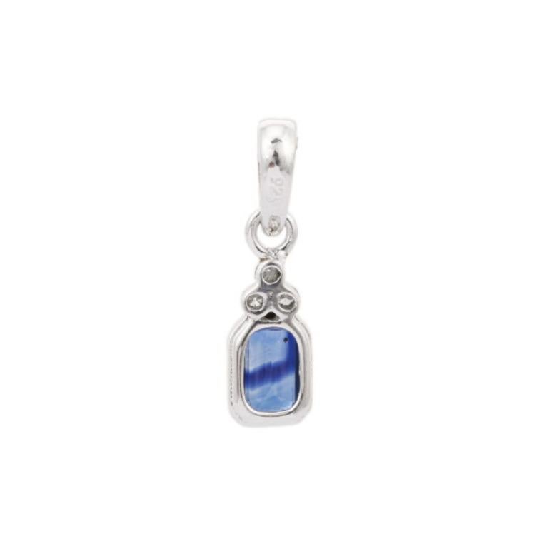 Octagon Cut Blue Sapphire Birthstone Sterling Silver Pendant with Diamond for Her  For Sale