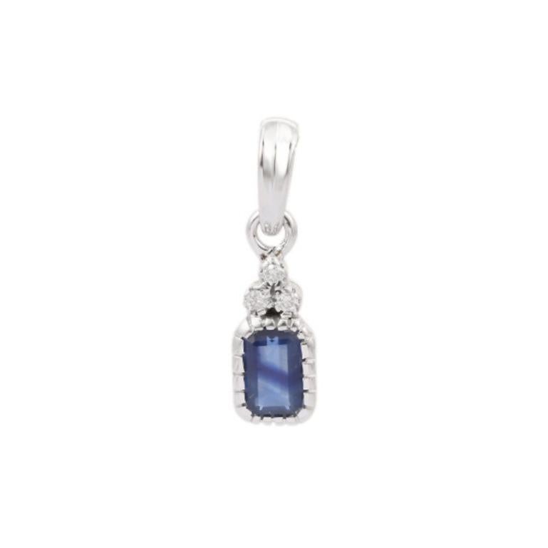 Blue Sapphire Birthstone Sterling Silver Pendant with Diamond for Her  In New Condition In Houston, TX