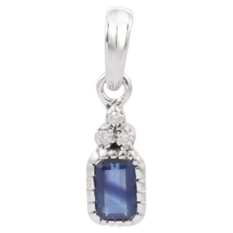 Blue Sapphire Birthstone Sterling Silver Pendant with Diamond for Her  For Sale