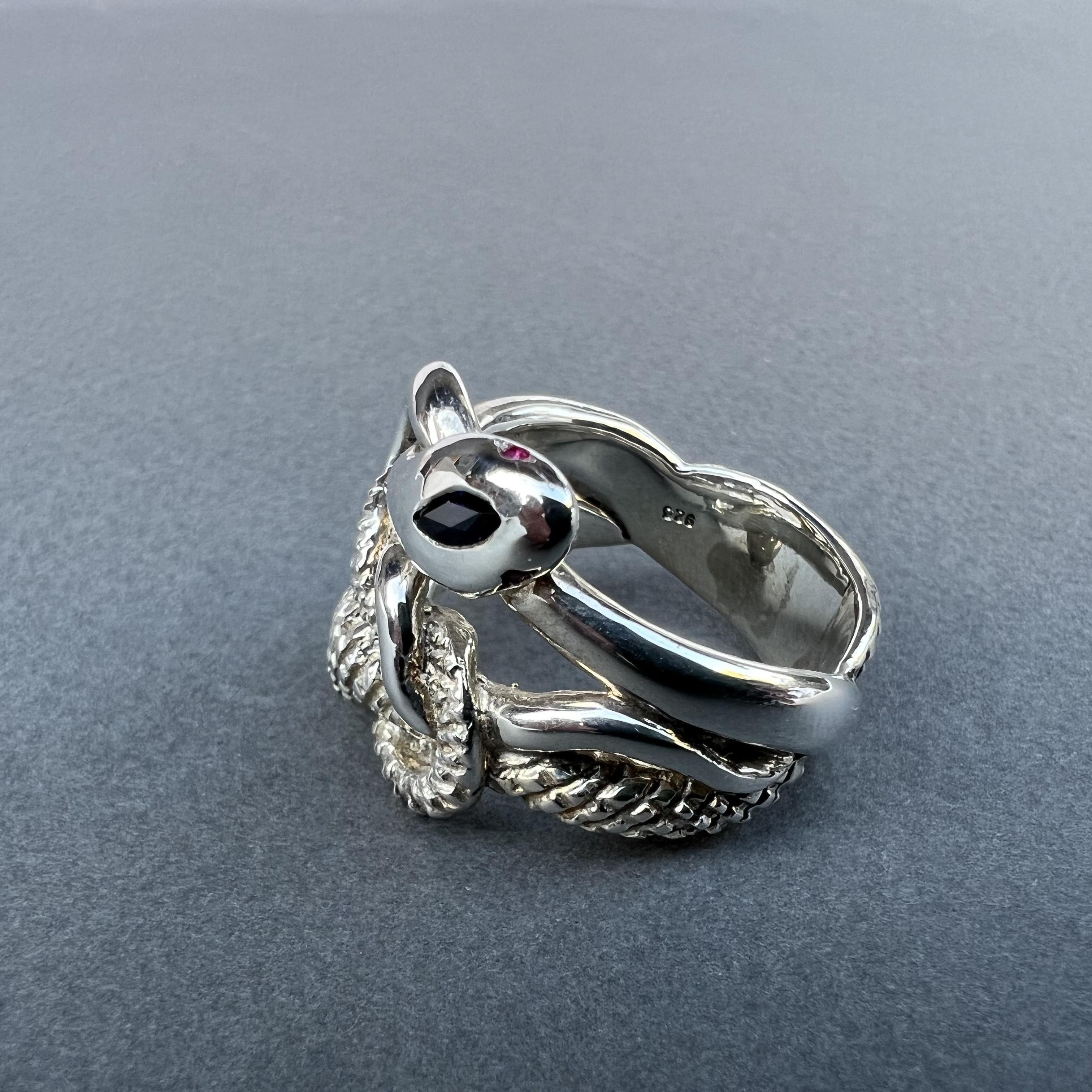 Contemporary Blue Sapphire Black Diamond Ruby Snake Ring Sterling Silver  Animal Jewelry For Sale