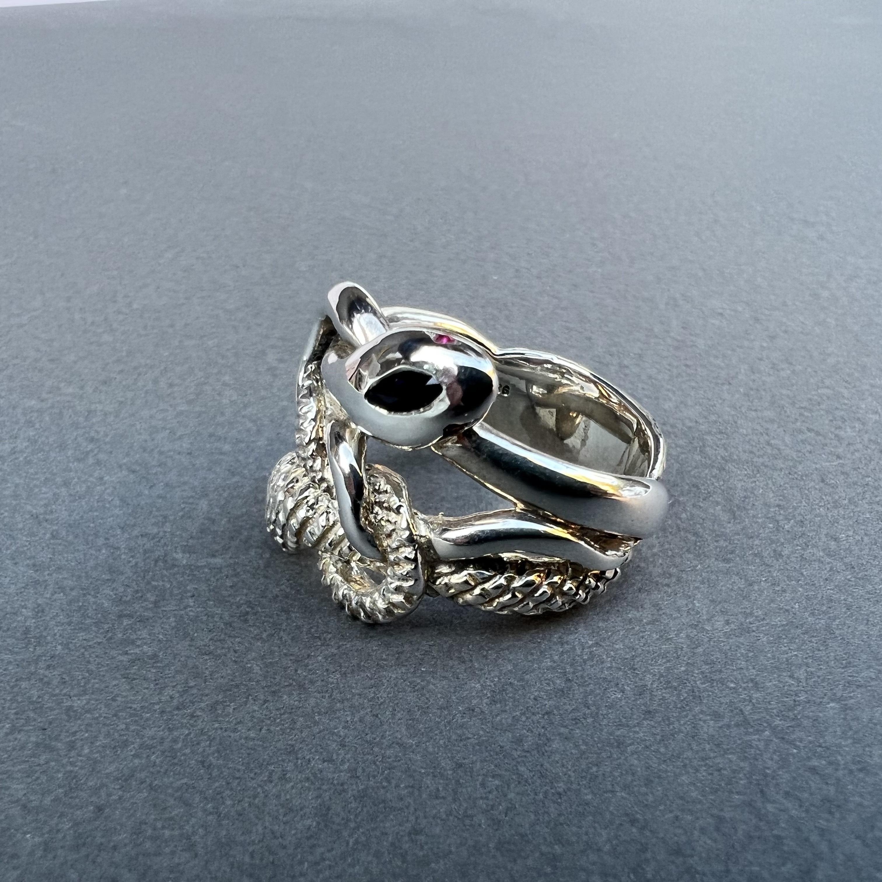 Brilliant Cut Blue Sapphire Black Diamond Ruby Snake Ring Sterling Silver  Animal Jewelry For Sale