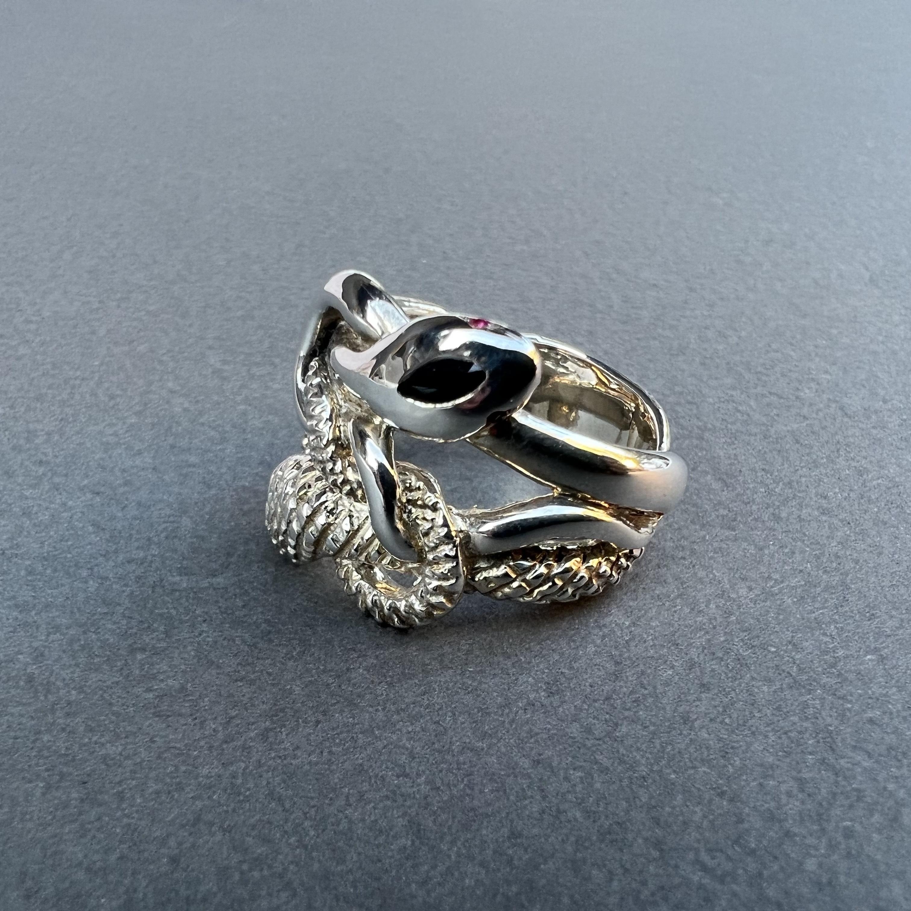 Blue Sapphire Black Diamond Ruby Snake Ring Sterling Silver  Animal Jewelry In New Condition For Sale In Los Angeles, CA