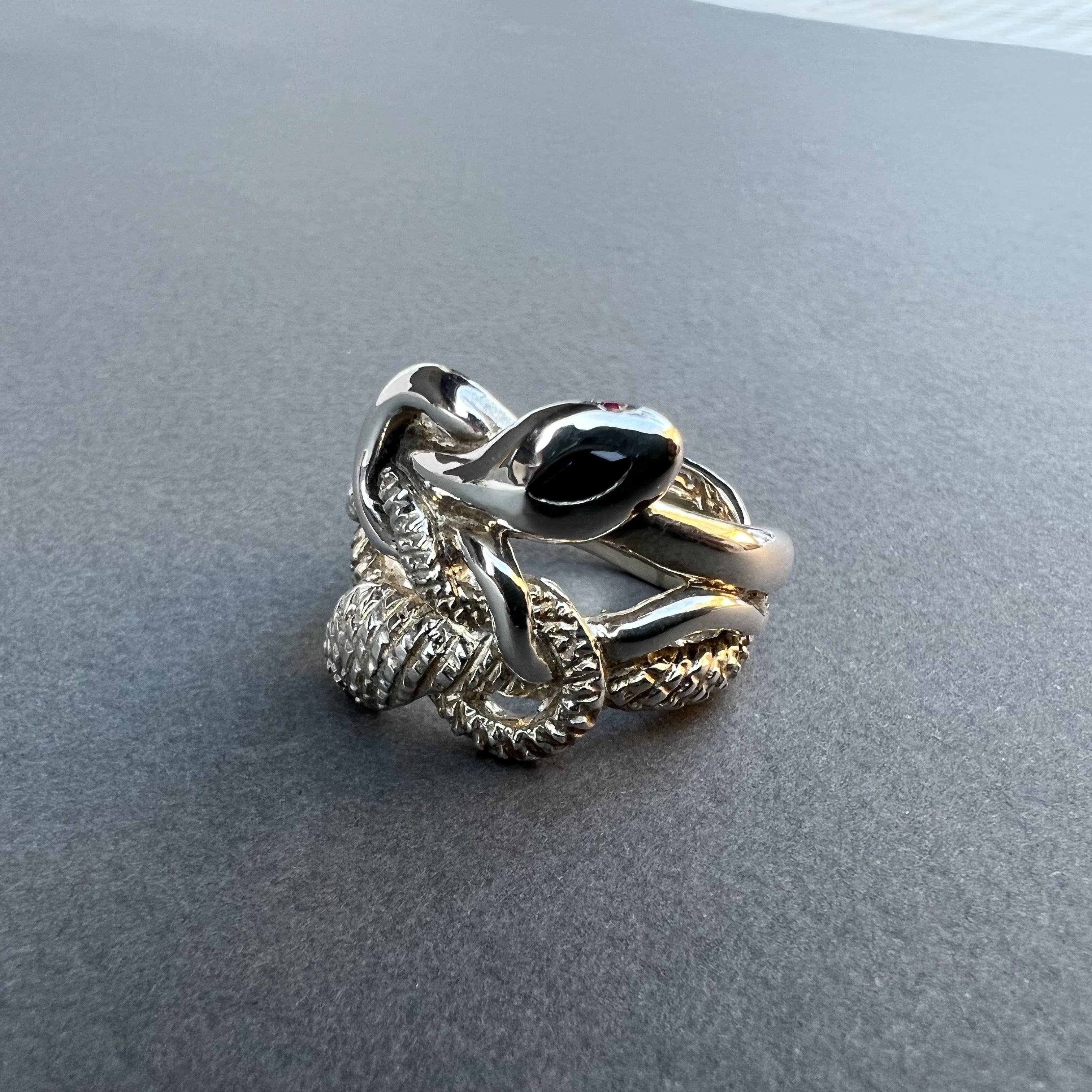 Women's or Men's Blue Sapphire Black Diamond Ruby Snake Ring Sterling Silver  Animal Jewelry For Sale