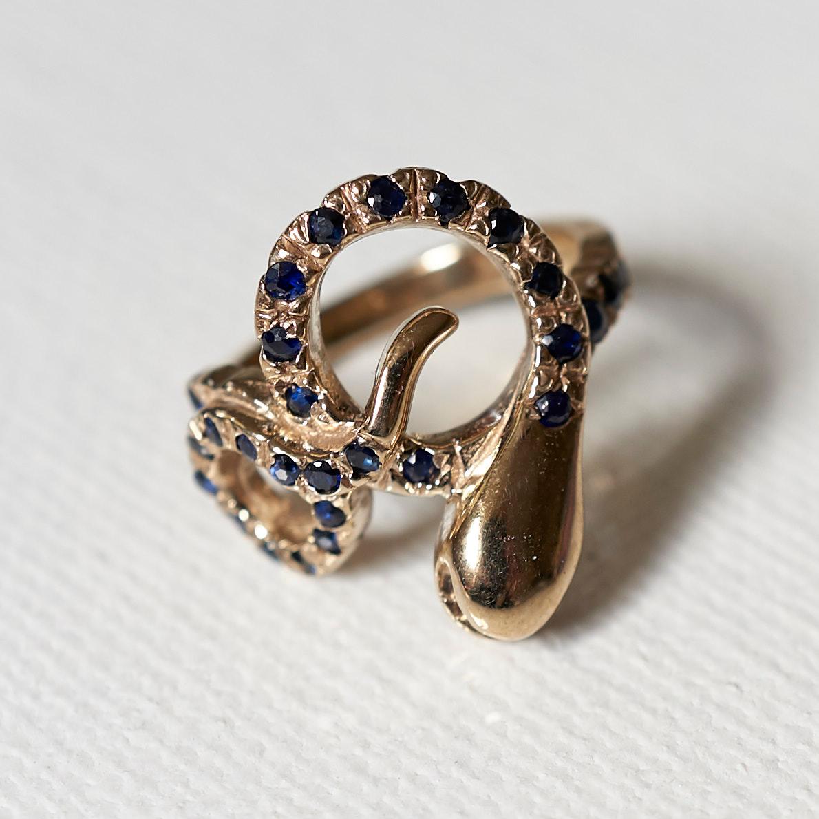 Victorian Sapphire Black Diamond Snake Ring Bronze J Dauphin For Sale