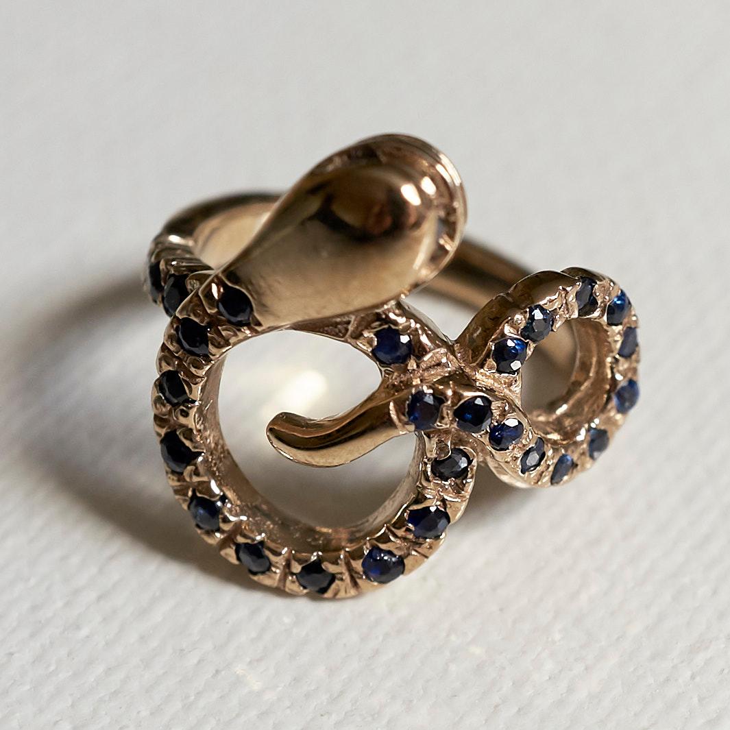 Round Cut Sapphire Black Diamond Snake Ring Bronze J Dauphin For Sale