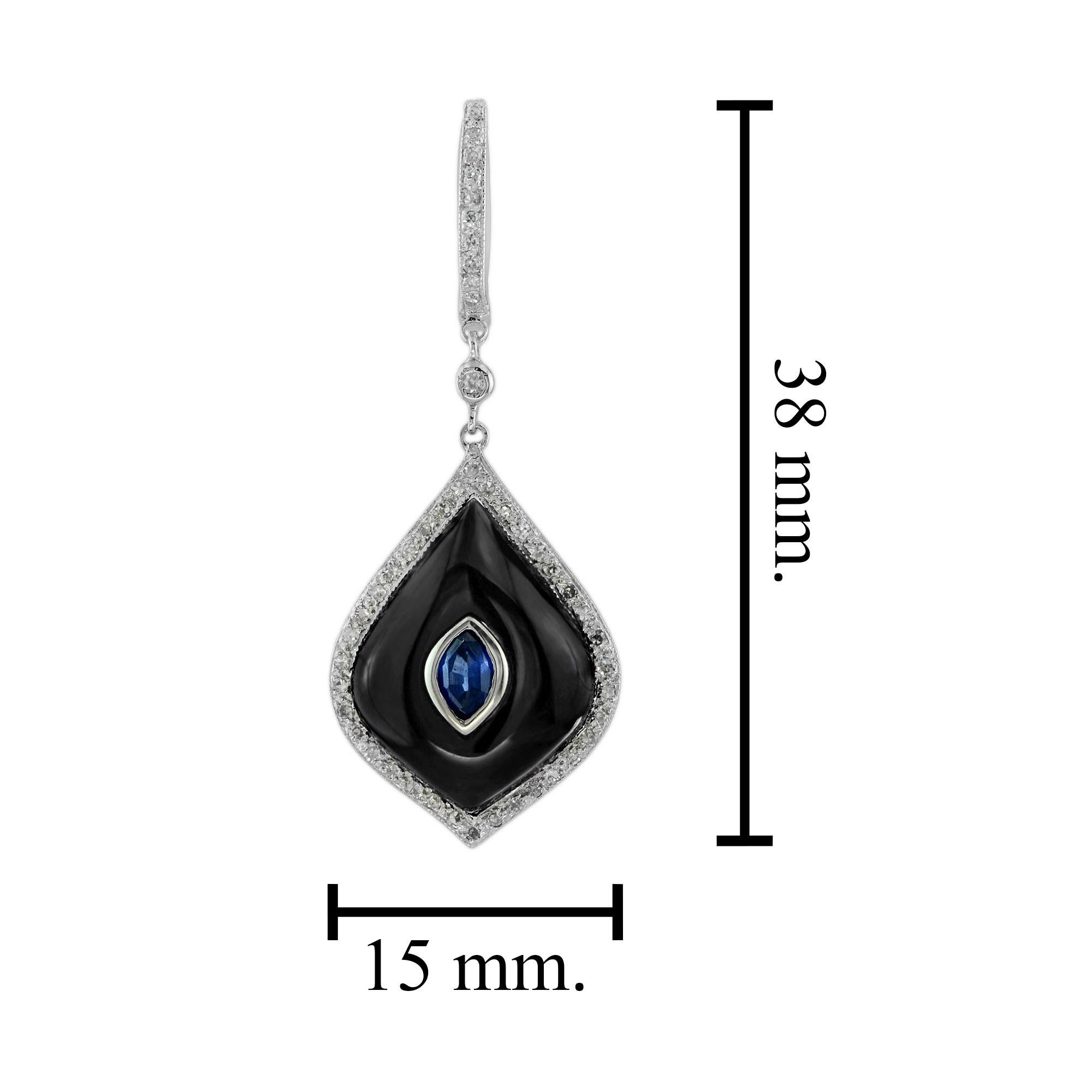 Orecchini pendenti in oro bianco 14K con zaffiro blu, onice nero e diamante a forma di marquise In condizioni Nuovo in vendita a Oakton, VA