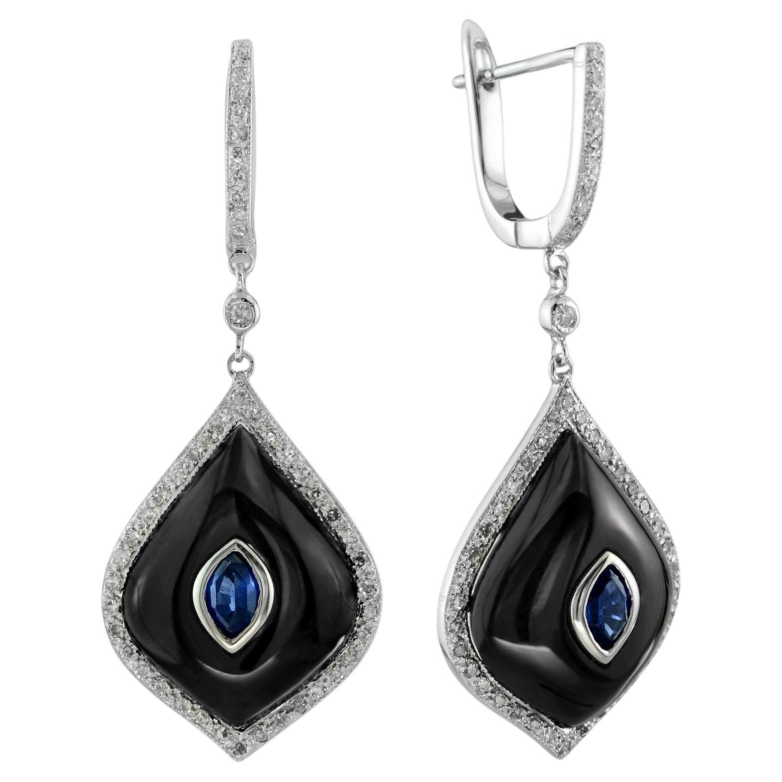 Orecchini pendenti in oro bianco 14K con zaffiro blu, onice nero e diamante a forma di marquise in vendita