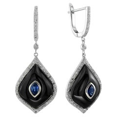 Blue Sapphire Black Onyx Diamond Marquise Shape 14K White Gold Dangle Earrings