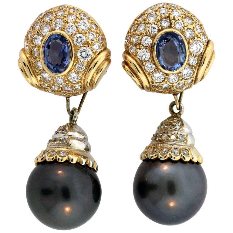 Blue Sapphire Black Pearl Diamond Yellow Gold Drop Earrings In New Condition In Boca Raton, FL