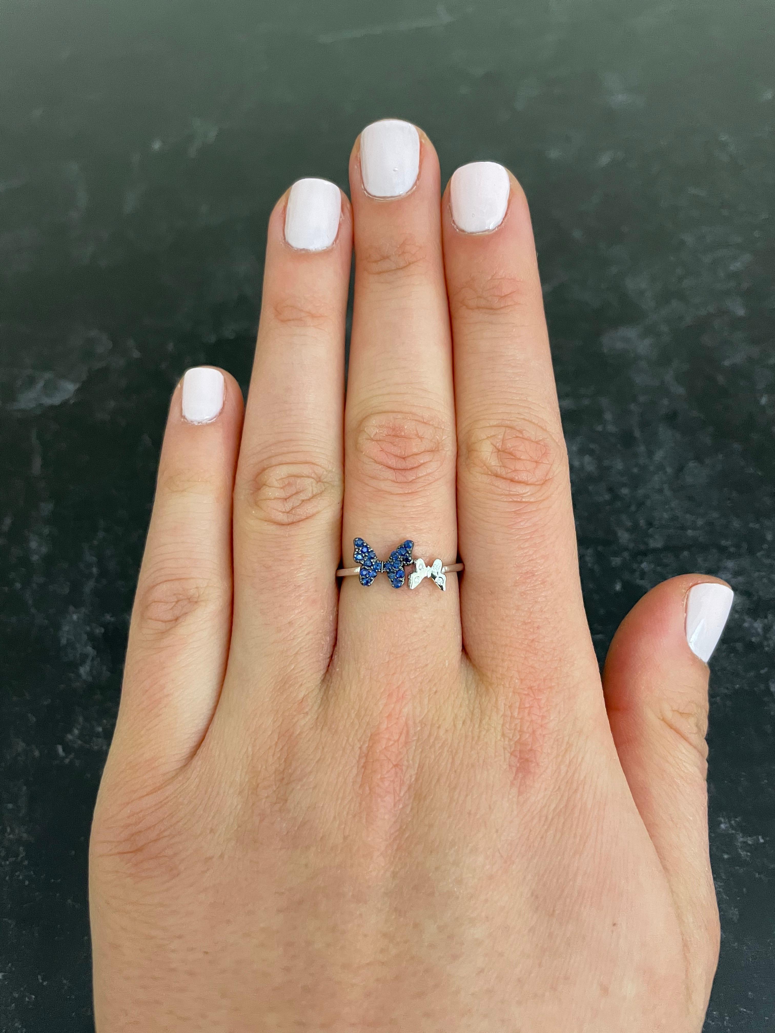 Blue Sapphire Black Rhodium 14 Karat White Gold Butterfly Ring In New Condition In GREAT NECK, NY