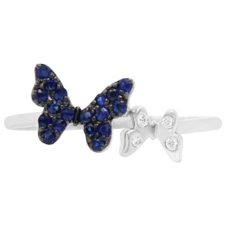 Blue Sapphire Black Rhodium 14 Karat White Gold Butterfly Ring