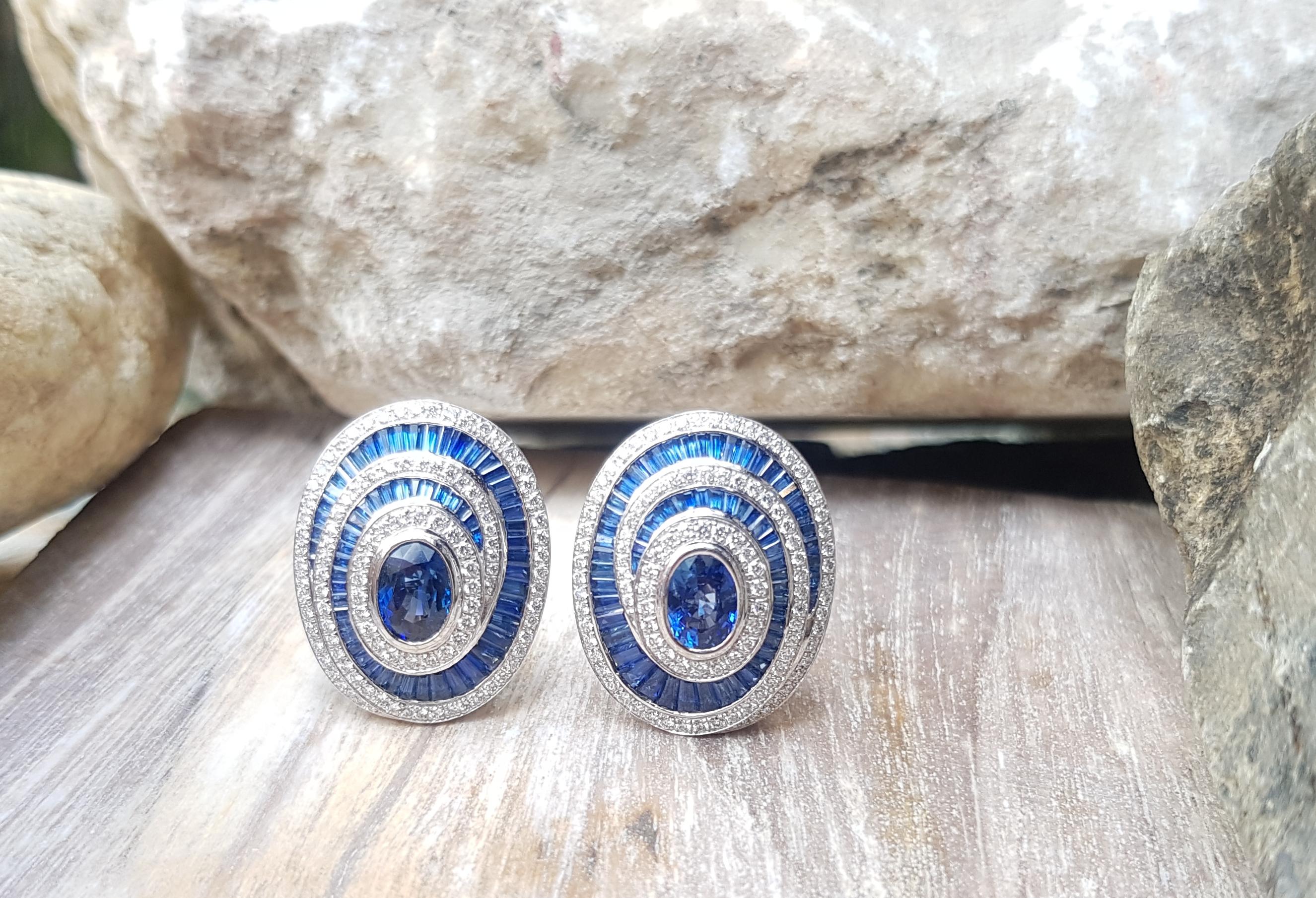 Women's Blue Sapphire, Blue Sapphire with Diamond Earrings Set in 18 Karat White Gold For Sale