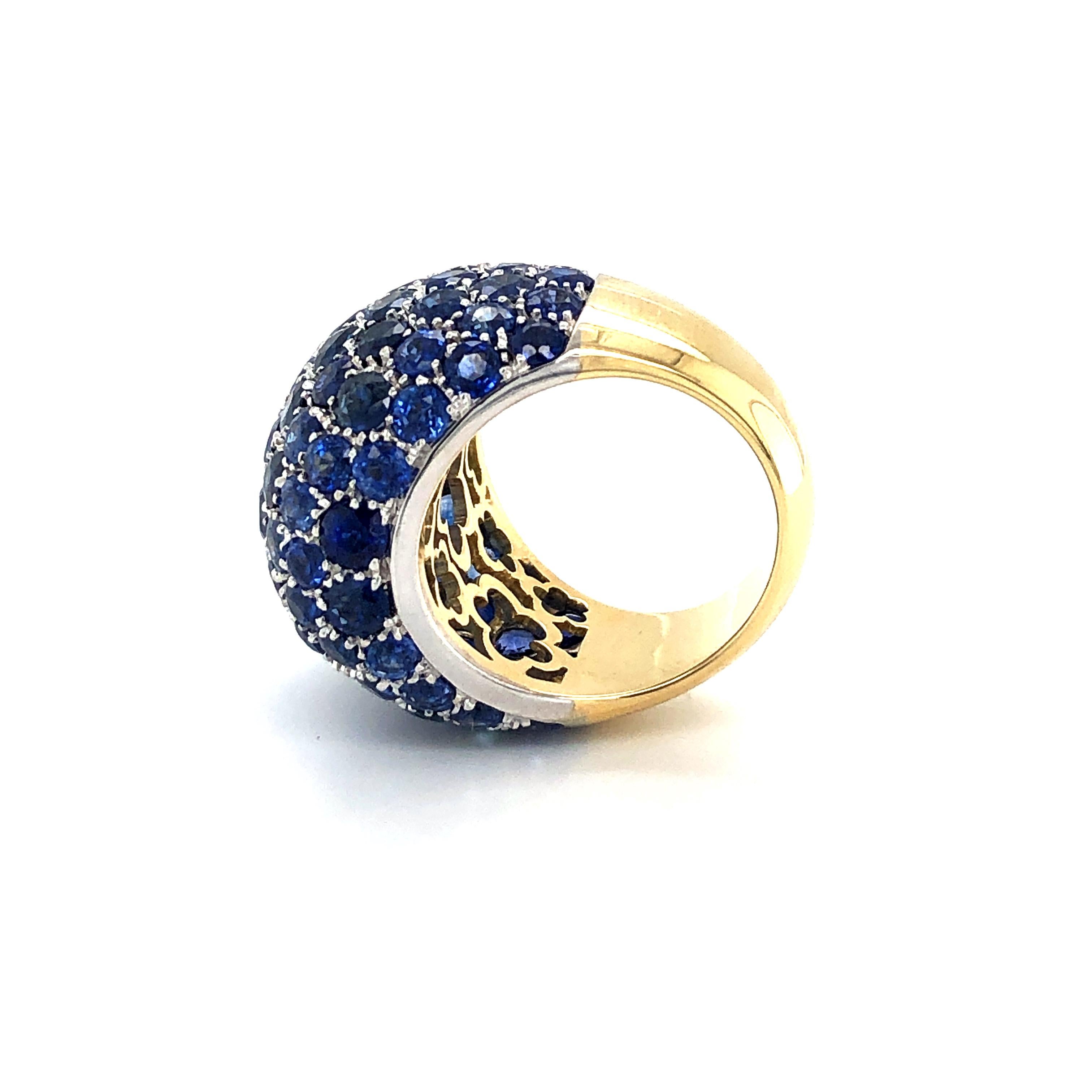 Brilliant Cut Blue Sapphire Bombe Dome Ring in 18 Karat Yellow Gold For Sale