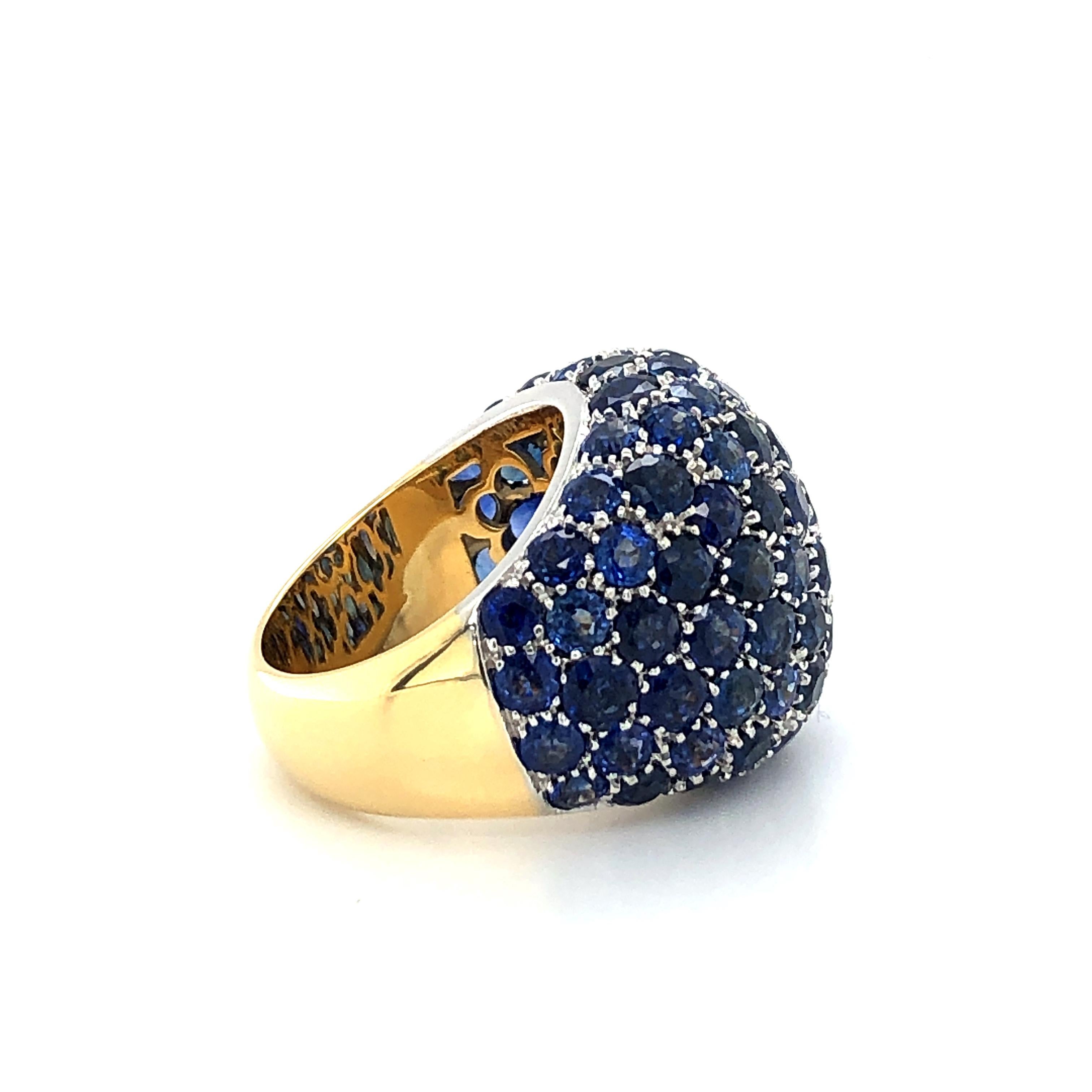 Women's or Men's Blue Sapphire Bombe Dome Ring in 18 Karat Yellow Gold For Sale