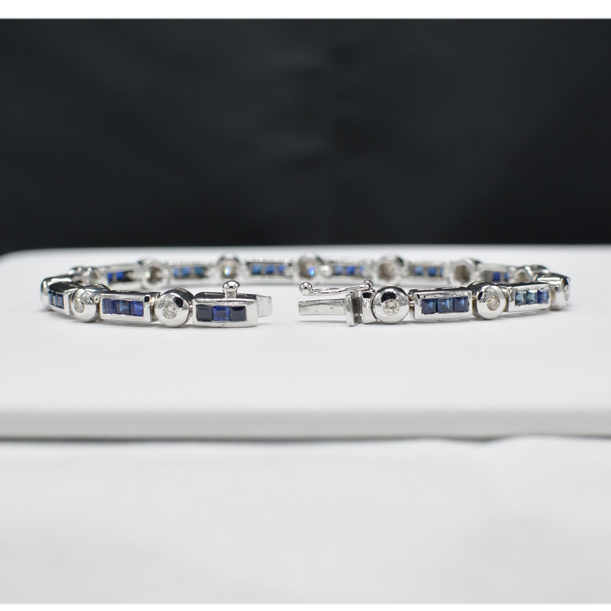 Princess Cut Blue Sapphire Bracelet 14 Karat White Gold with Diamonds For Sale