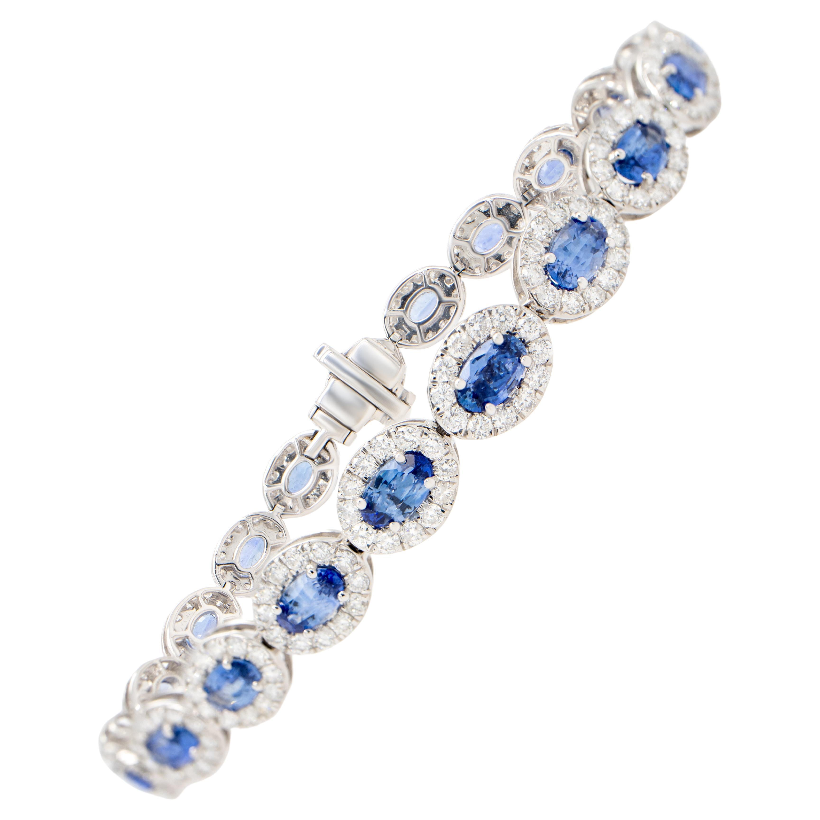 Blue Sapphire Bracelet Diamond Halo 10 Carats 18K Gold For Sale