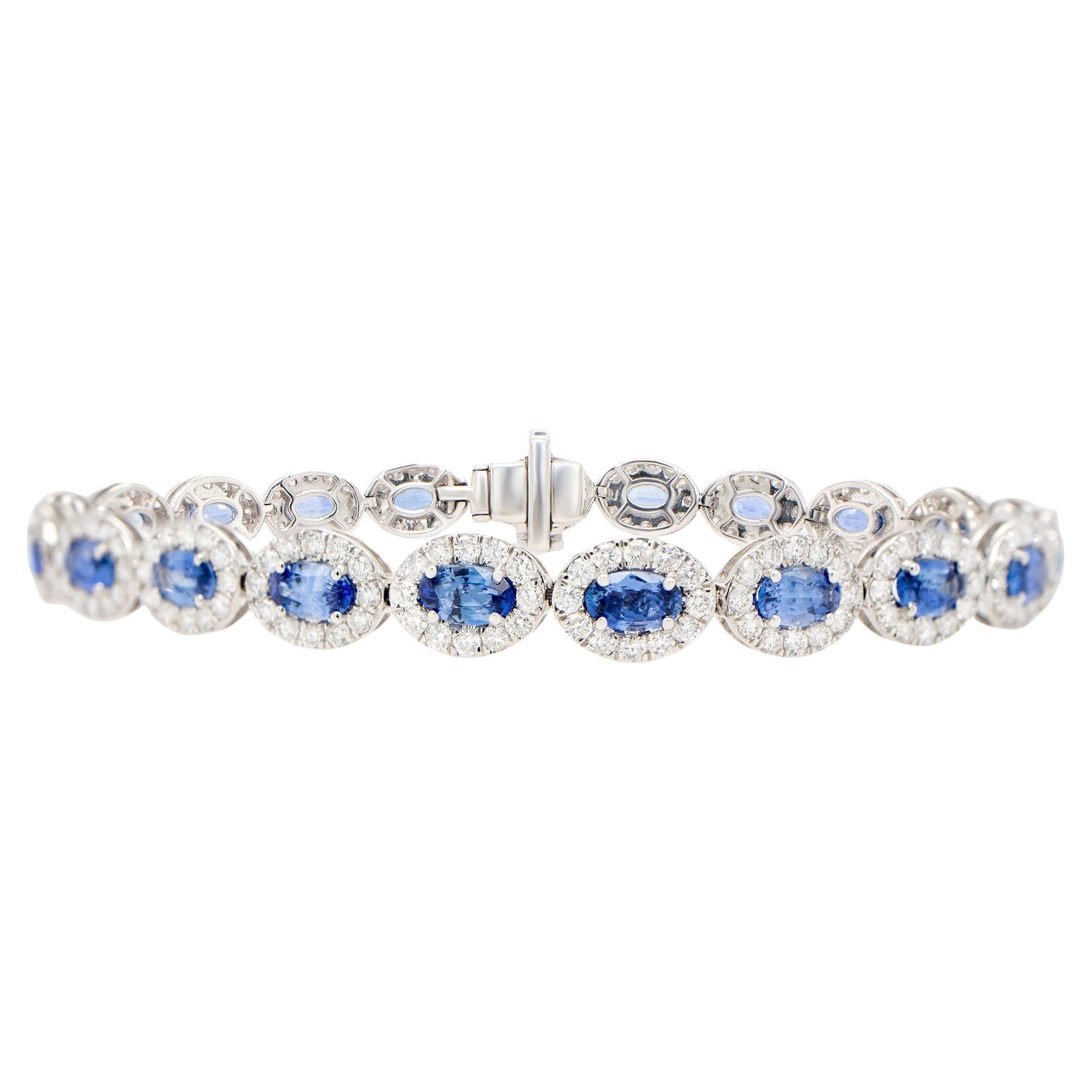 Blue Sapphire Bracelet Diamond Halo 10 Carats 18K Gold