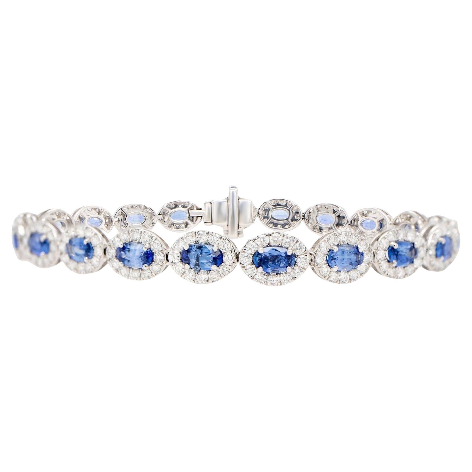 Bracciale con zaffiro blu, diamante aureolato, 10 carati, oro 18K