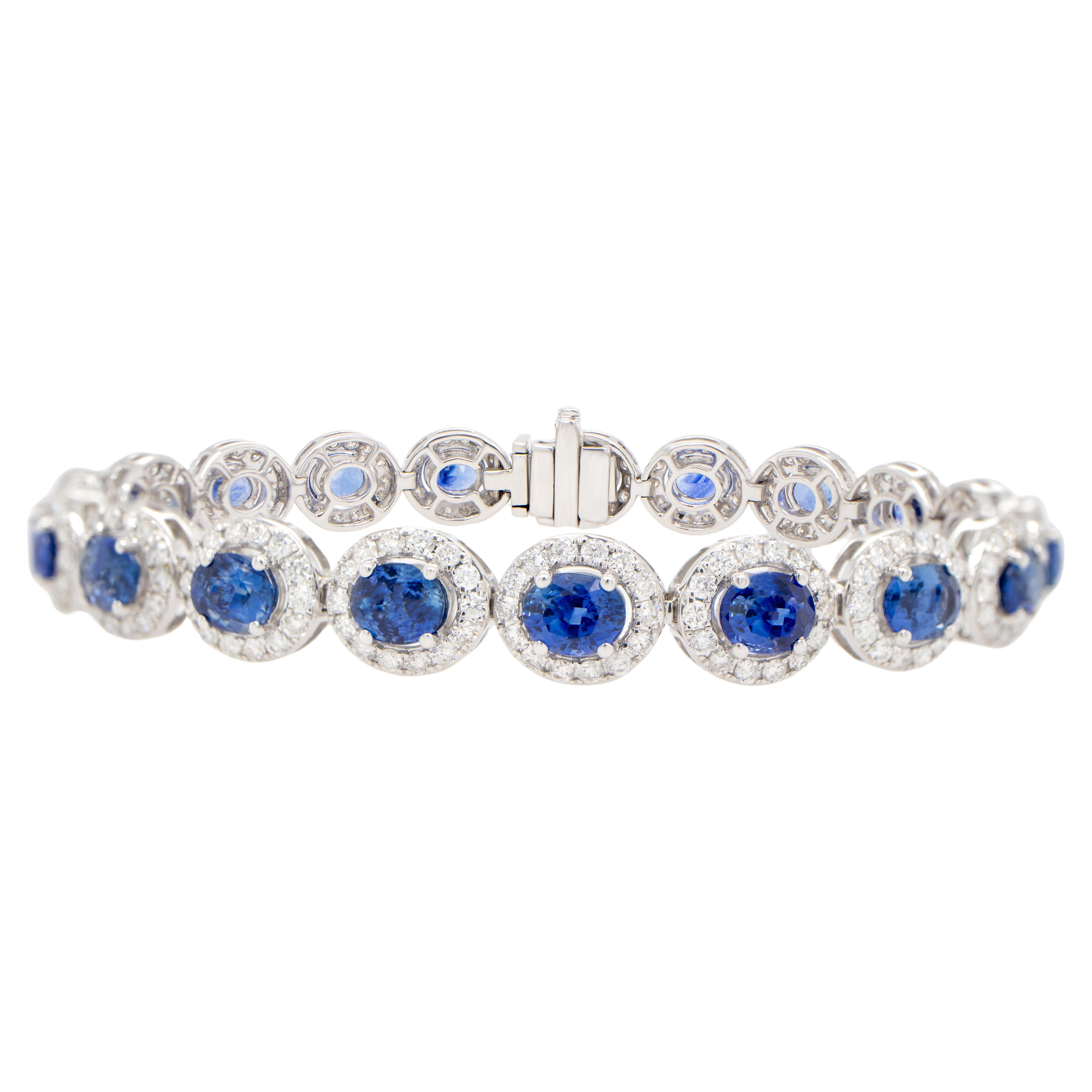 Blue Sapphire Bracelet Diamond Halo 14.7 Carats 18K Gold For Sale