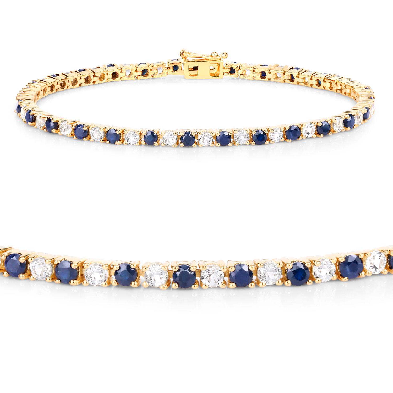 Taglio rotondo Bracciale con zaffiro blu Topazio bianco 6,6 carati Argento placcato oro giallo 18K in vendita