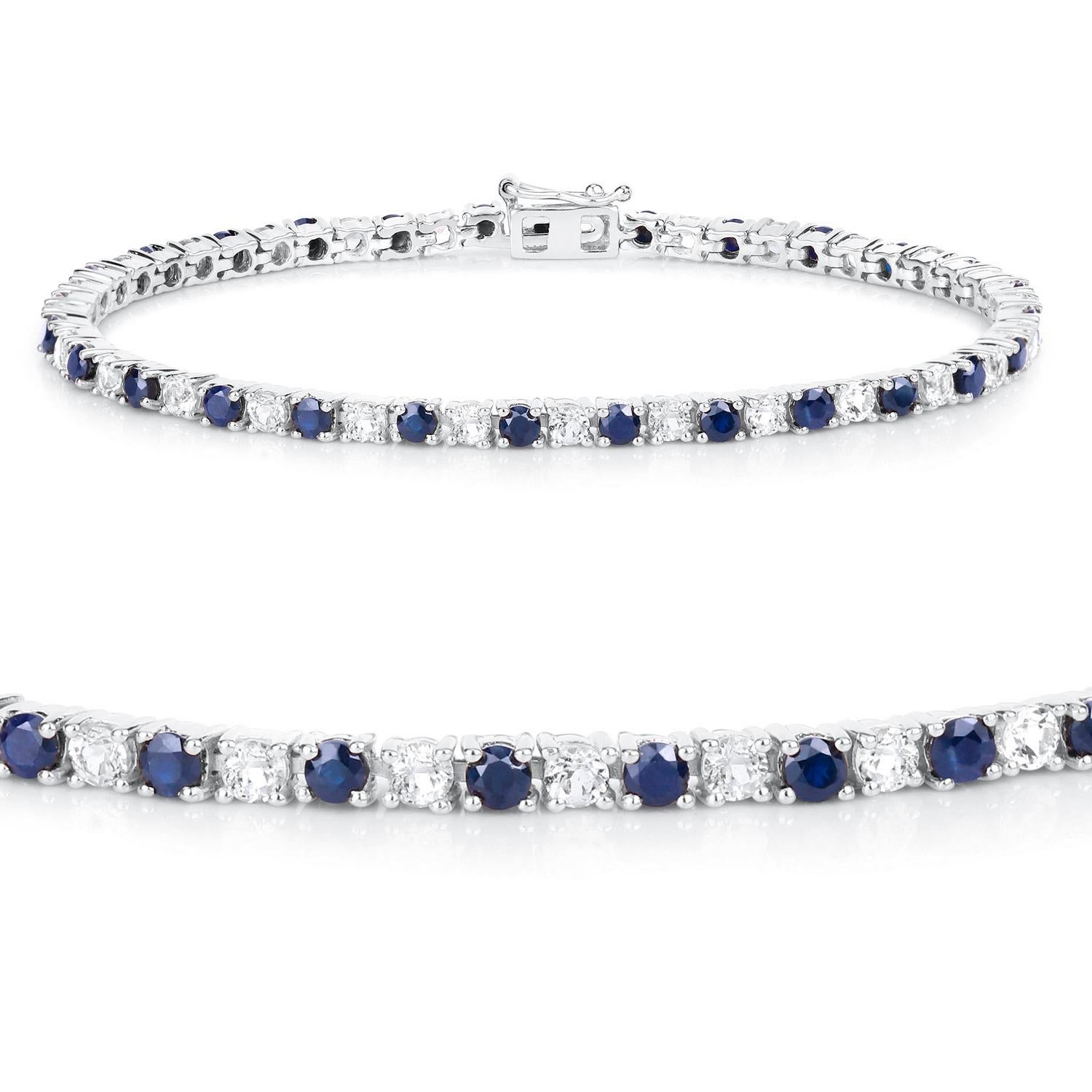 Blauer Saphir Armband Weißer Topas 6,86 Karat Sterling Silber (Zeitgenössisch) im Angebot