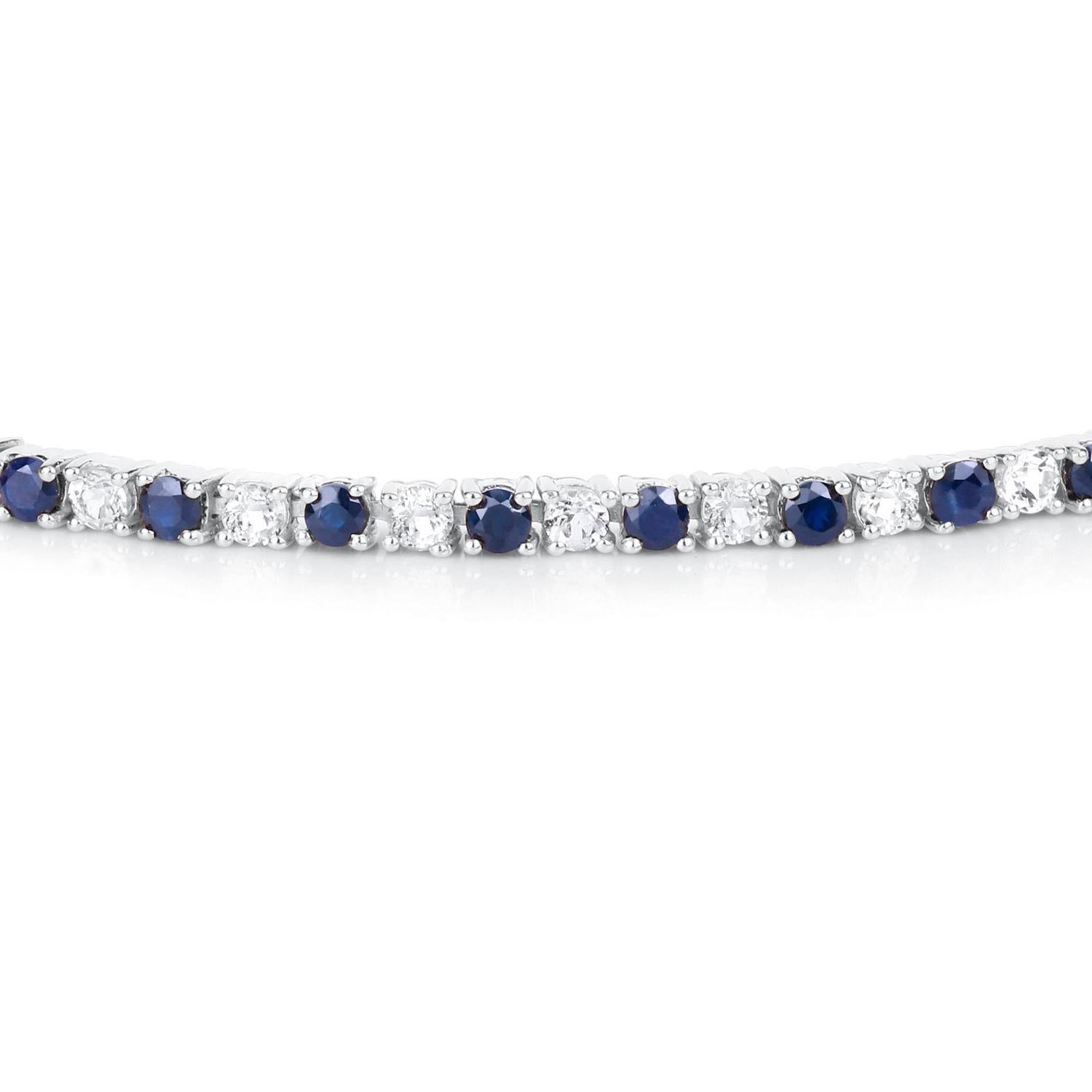 Blauer Saphir Armband Weißer Topas 6,86 Karat Sterling Silber (Rundschliff) im Angebot