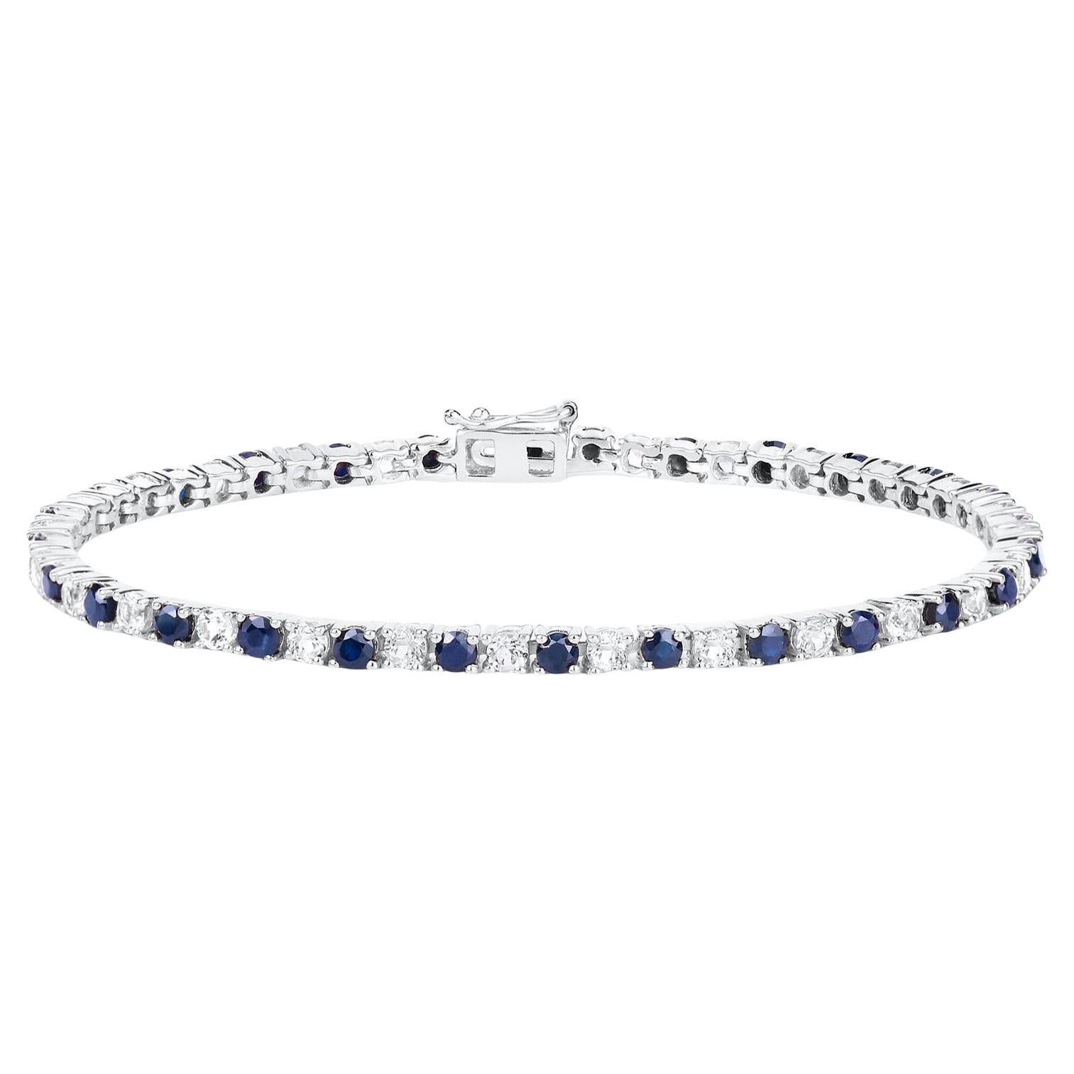 Blue Sapphire Bracelet White Topaz 6.86 Carats Sterling Silver For Sale