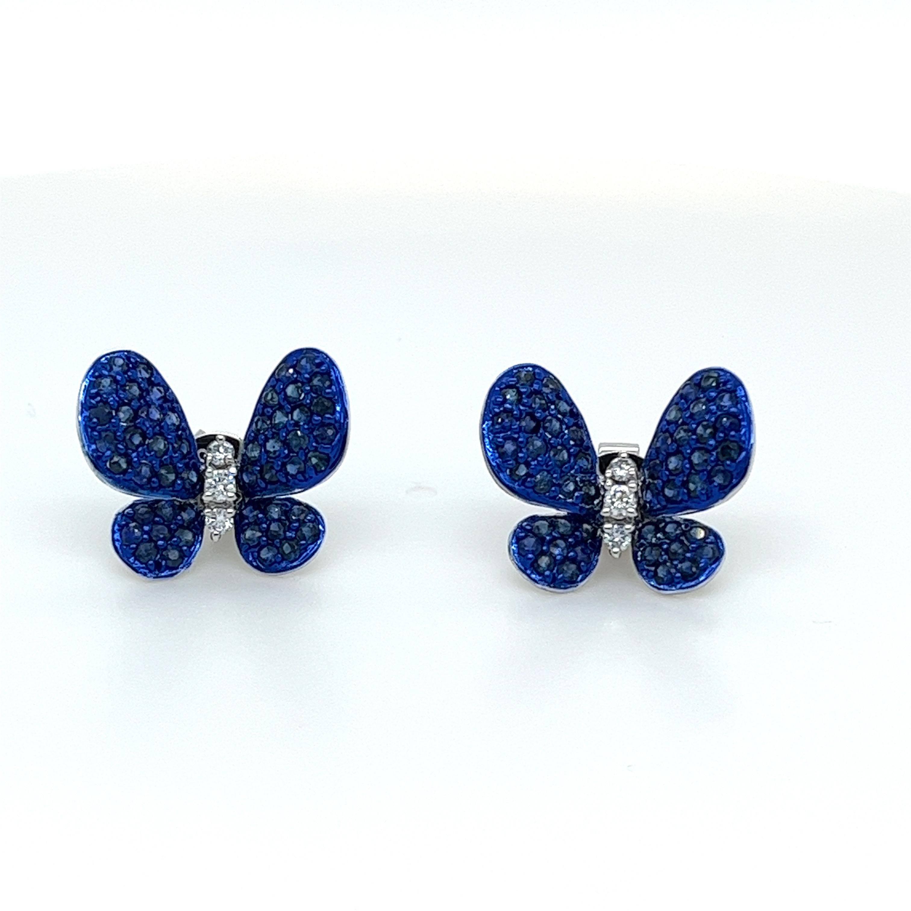 Round Cut Blue Sapphire Butterfly Earrings in 18 Karat White Gold For Sale