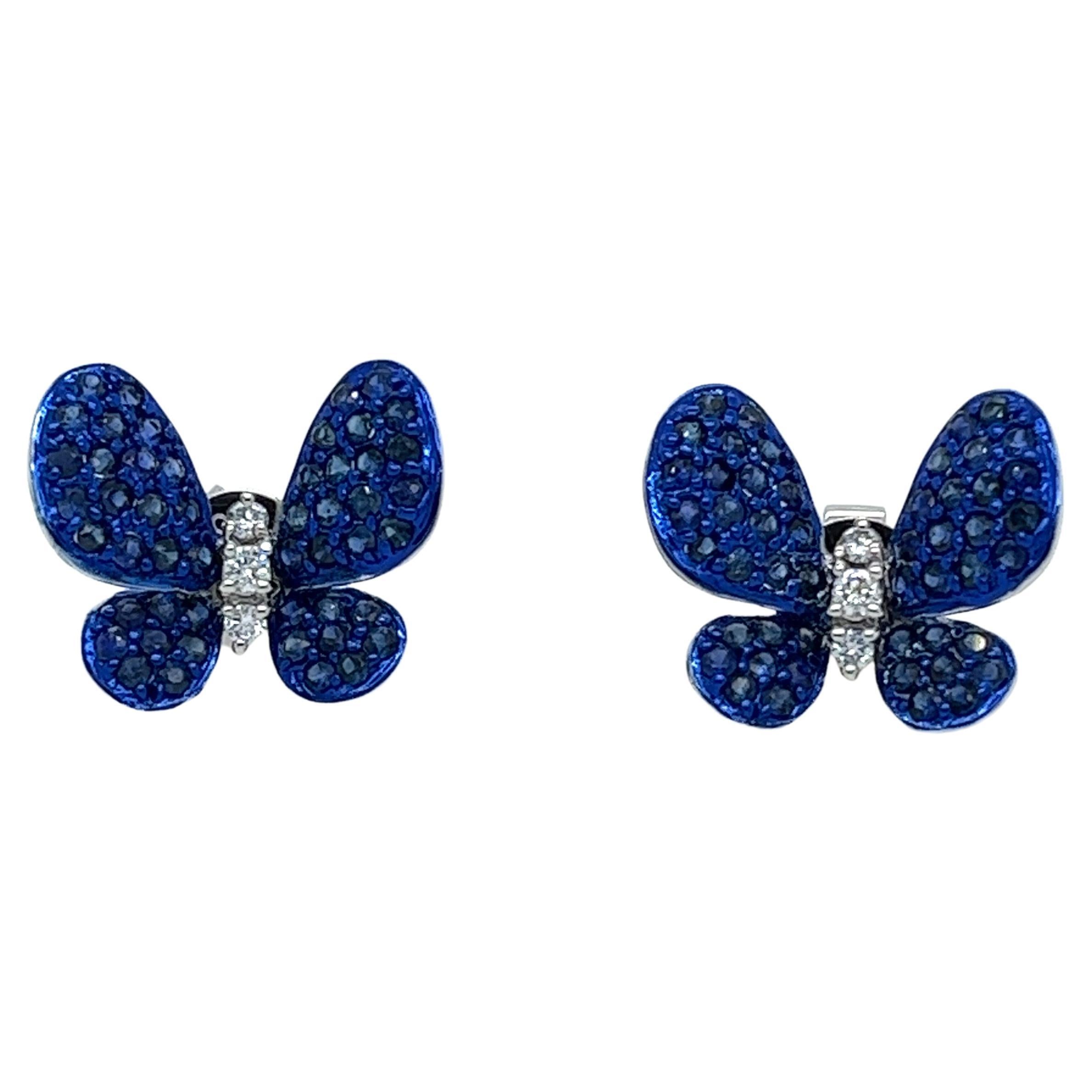 Blue Sapphire Butterfly Earrings in 18 Karat White Gold For Sale