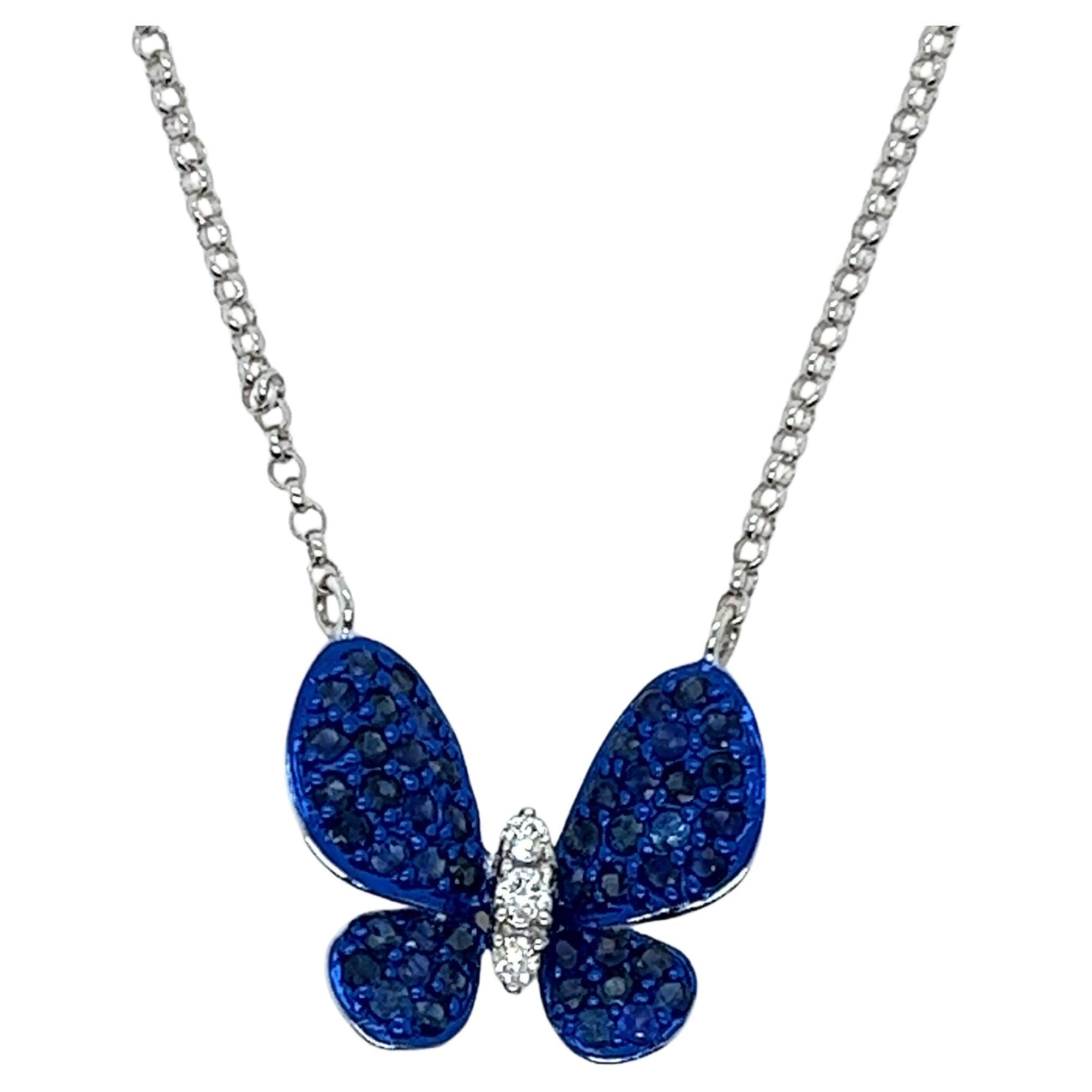 Blue Sapphire Butterfly Necklace in 18 Karat White Gold