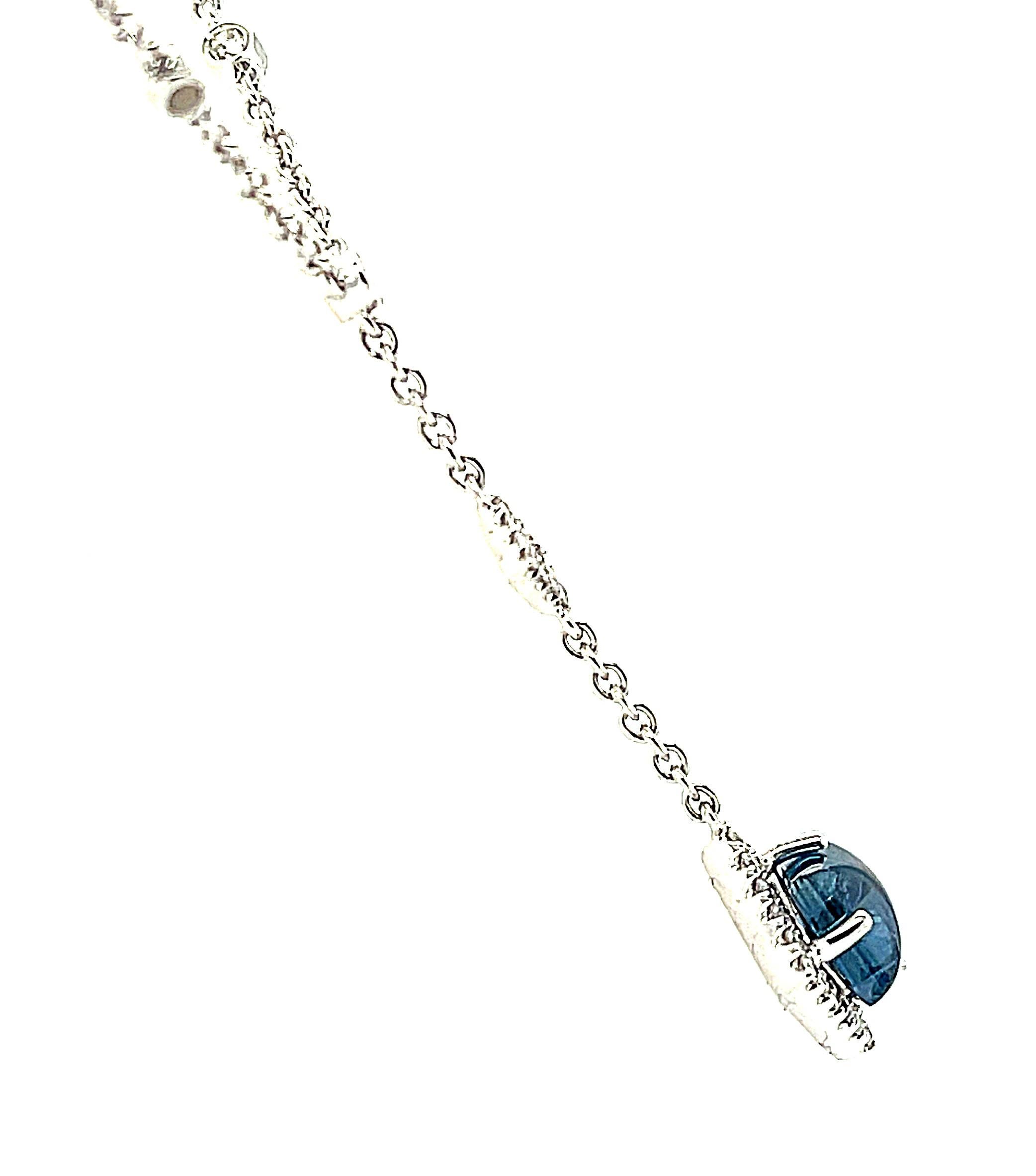 Women's Blue Sapphire Cabochon and Diamond Art Deco Style Lariat Necklace in White Gold