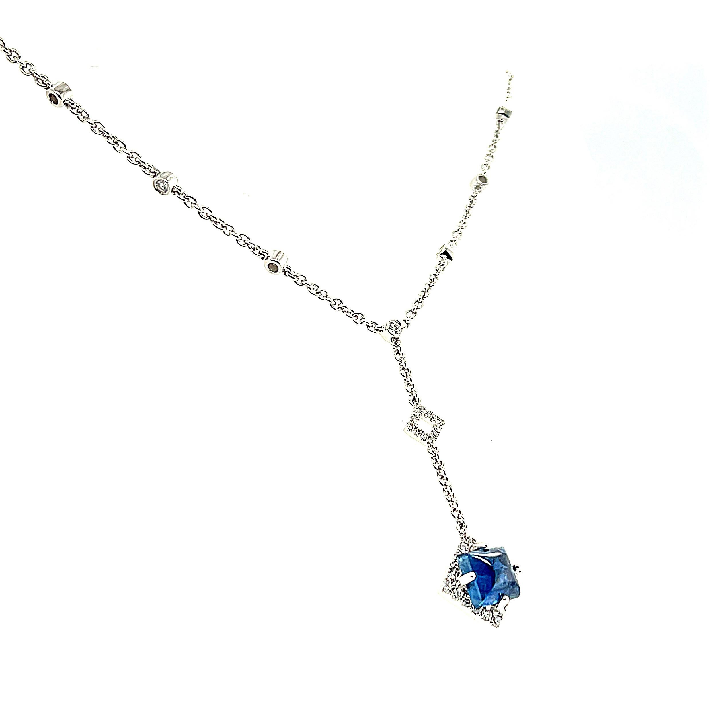 Artisan Blue Sapphire Cabochon and Diamond Art Deco Style Lariat Necklace in White Gold