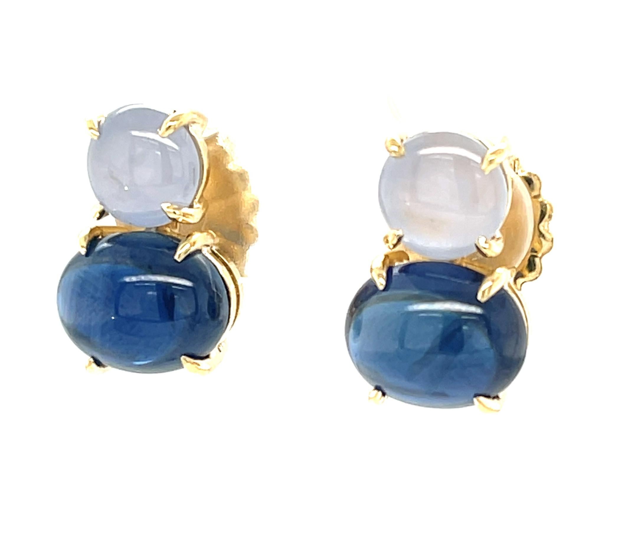 Artisan Blue Sapphire Cabochon and Silver Star Sapphire Earrings in 18k Yellow Gold For Sale