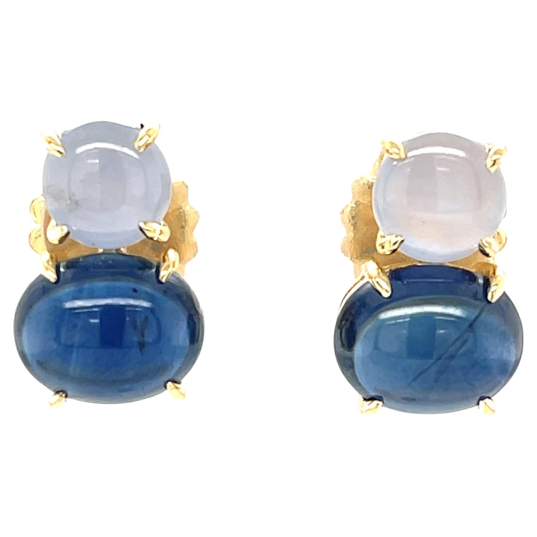 Blue Sapphire Cabochon and Silver Star Sapphire Earrings in 18k Yellow Gold For Sale