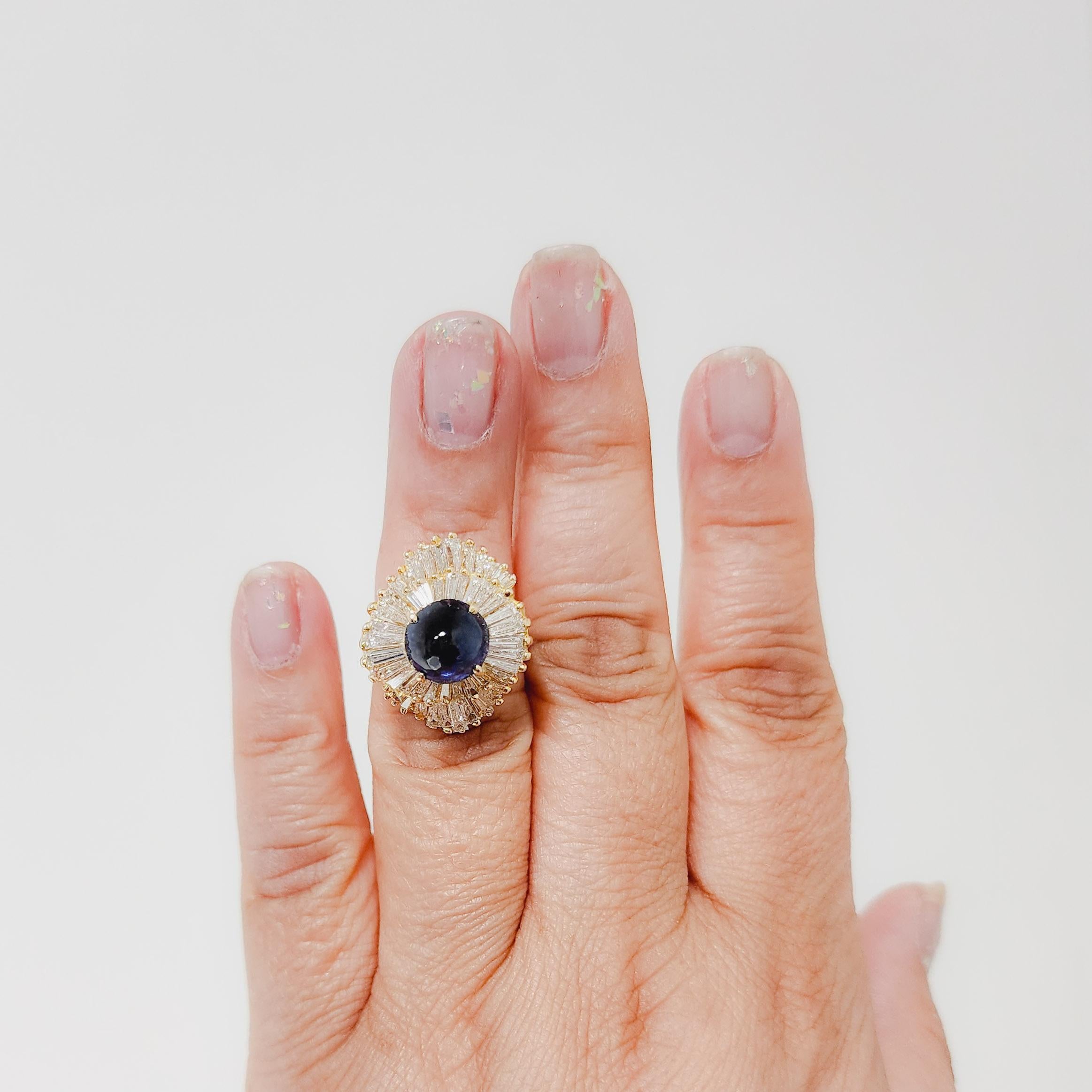 Gorgeous big blue sapphire cabochon with good quality white diamond baguettes.  Handmade in 18k yellow gold.  Ring size 5.5.