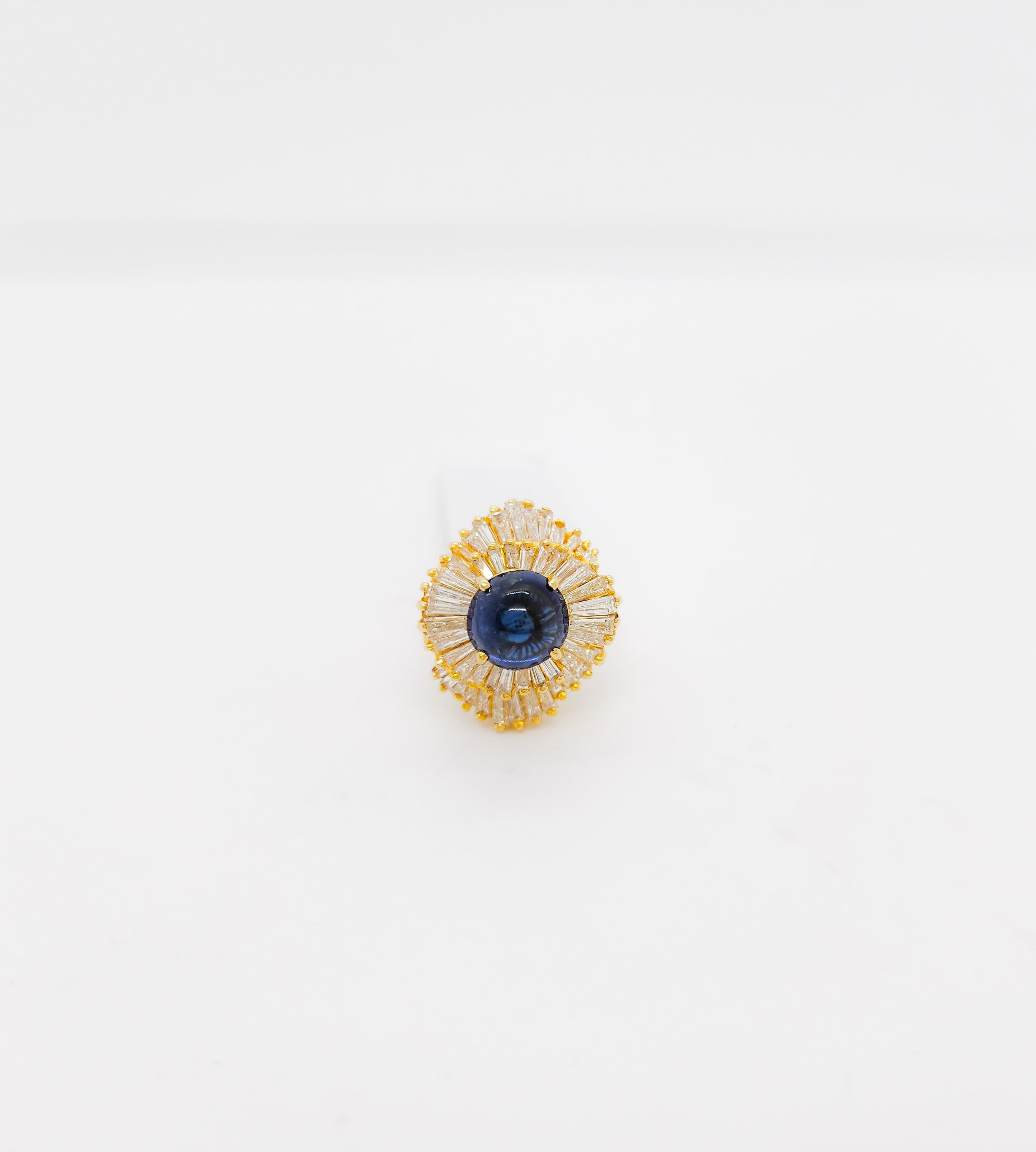 Baguette Cut Blue Sapphire Cabochon and White Diamond Baguette Ring in 18k Yellow Gold For Sale