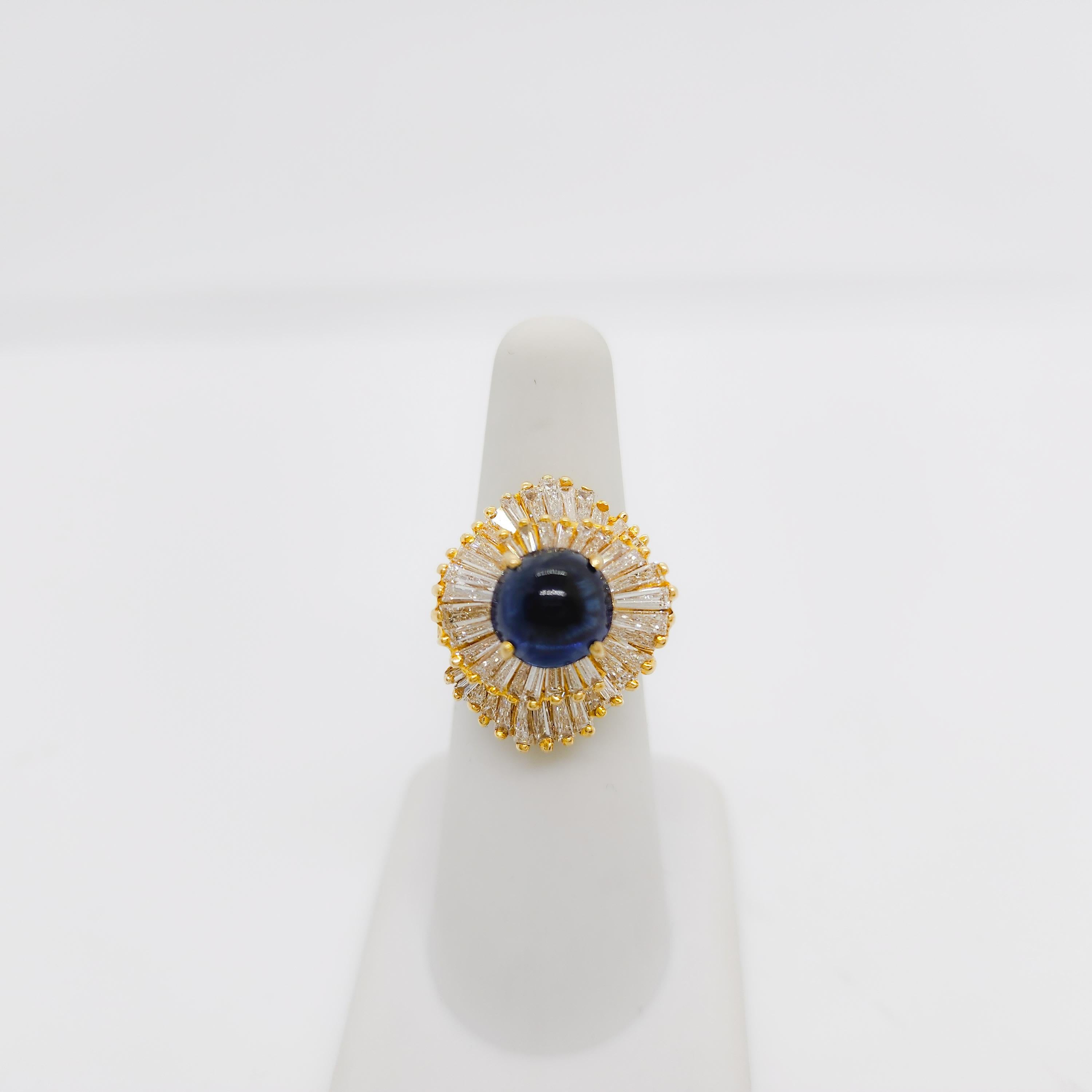 Women's or Men's Blue Sapphire Cabochon and White Diamond Baguette Ring in 18k Yellow Gold For Sale