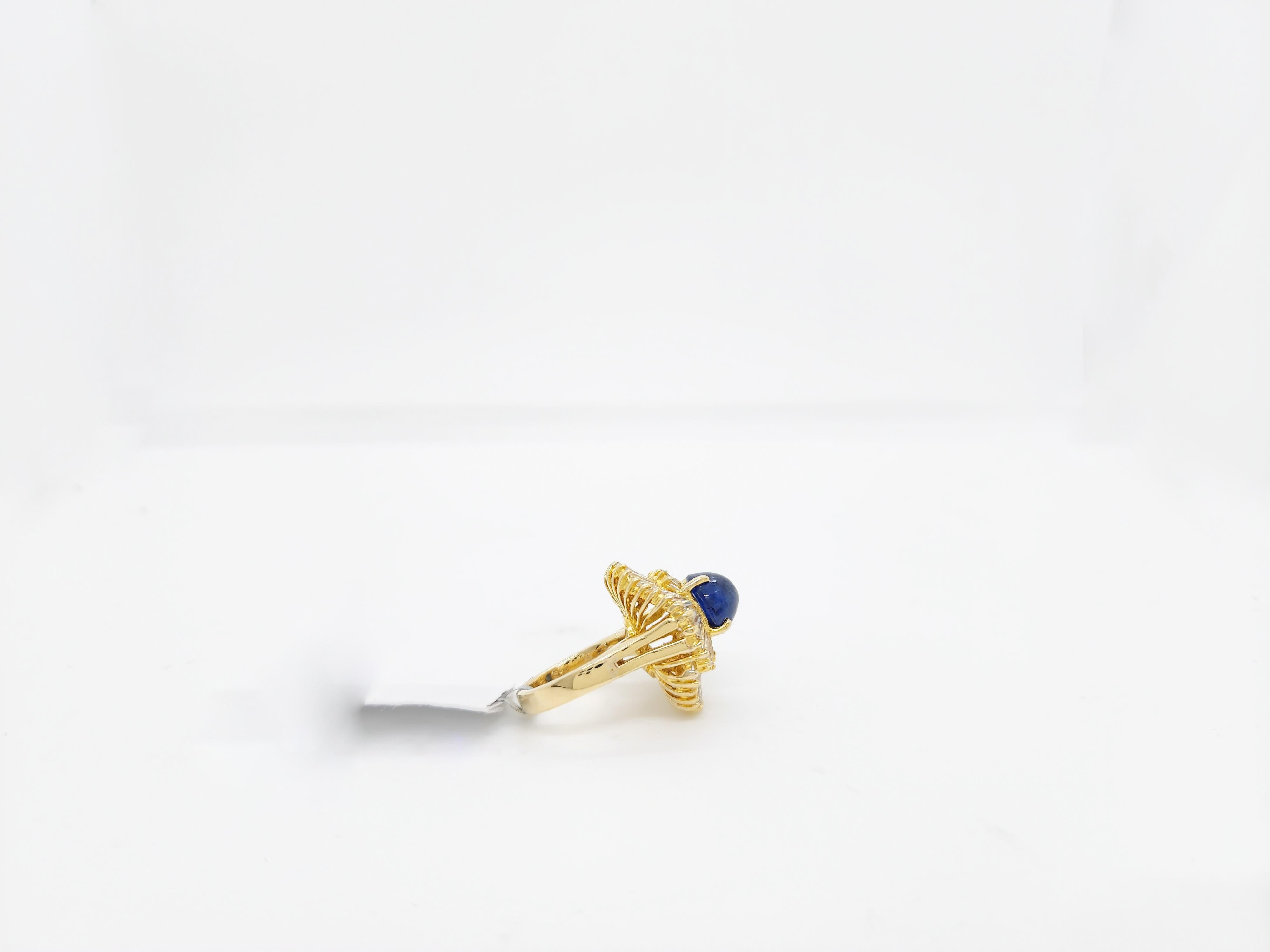 Blue Sapphire Cabochon and White Diamond Baguette Ring in 18k Yellow Gold For Sale 1